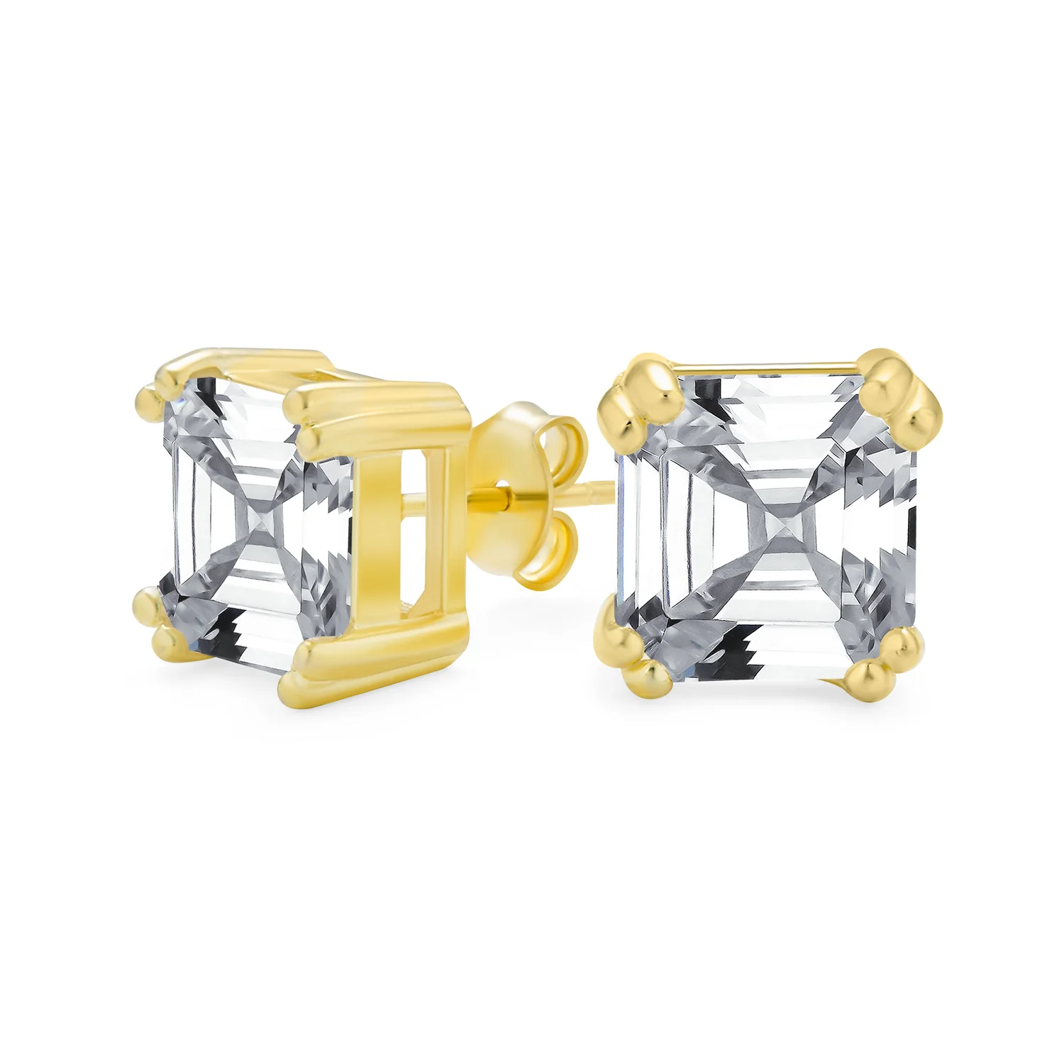 Asscher Cut CZ Stud Earrings in Gold Sterling Silver - Image 2