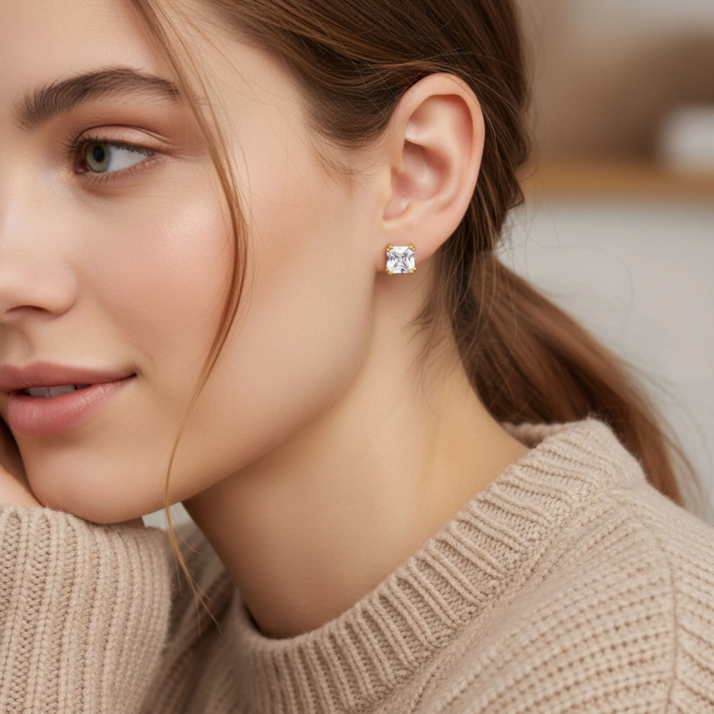 Asscher Cut CZ Stud Earrings in Gold Sterling Silver - Image 8
