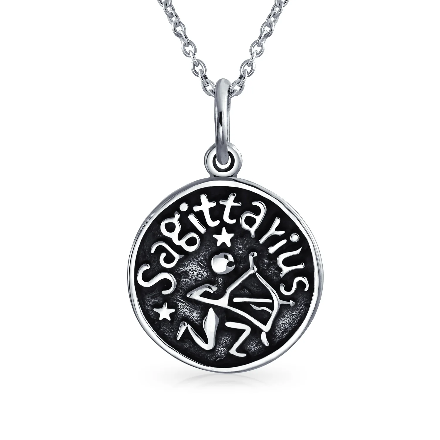 Aquarius Zodiac Round Medallion Pendant Necklace Antiqued .925 Sterling Silver - Image 4