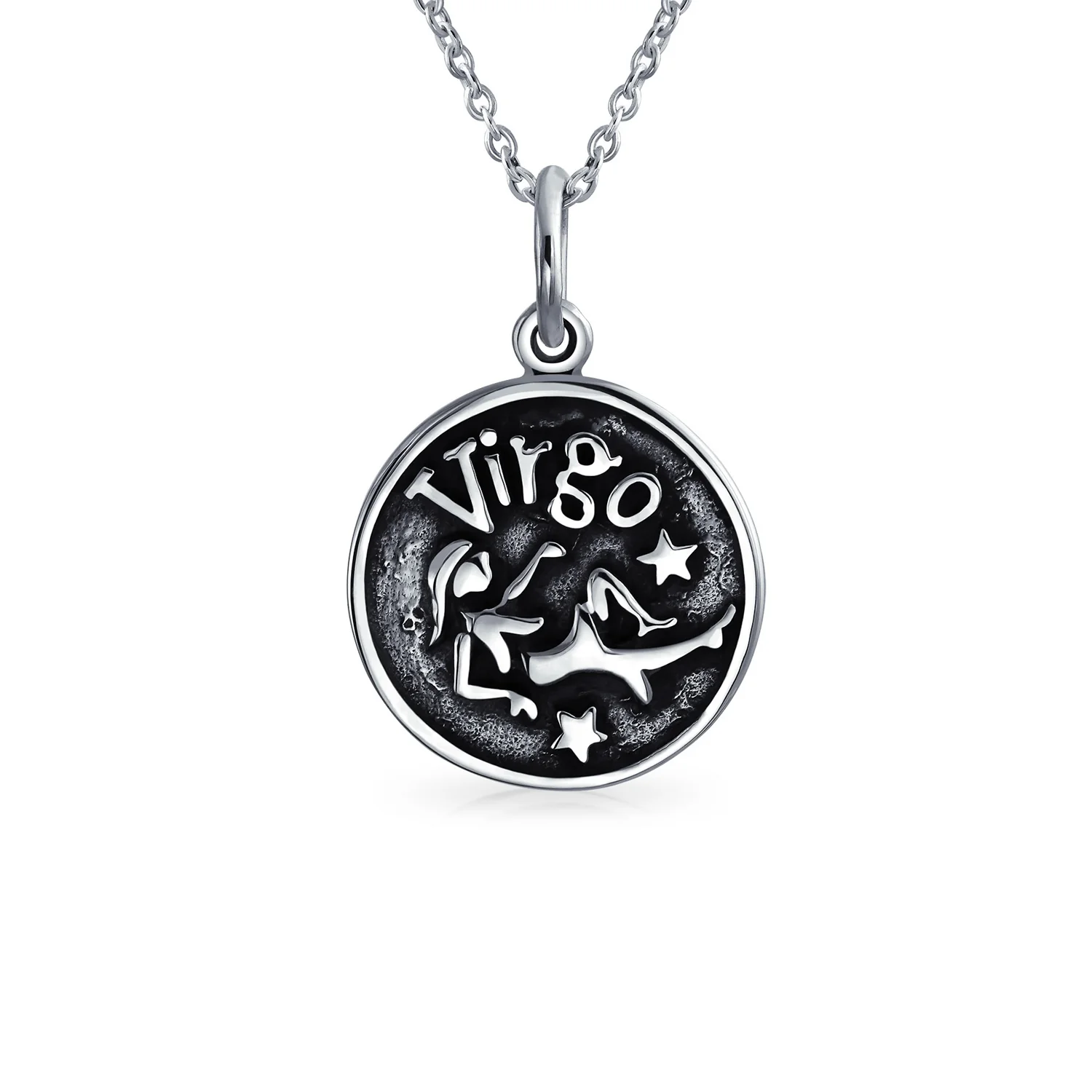 Aquarius Zodiac Round Medallion Pendant Necklace Antiqued .925 Sterling Silver - Image 9