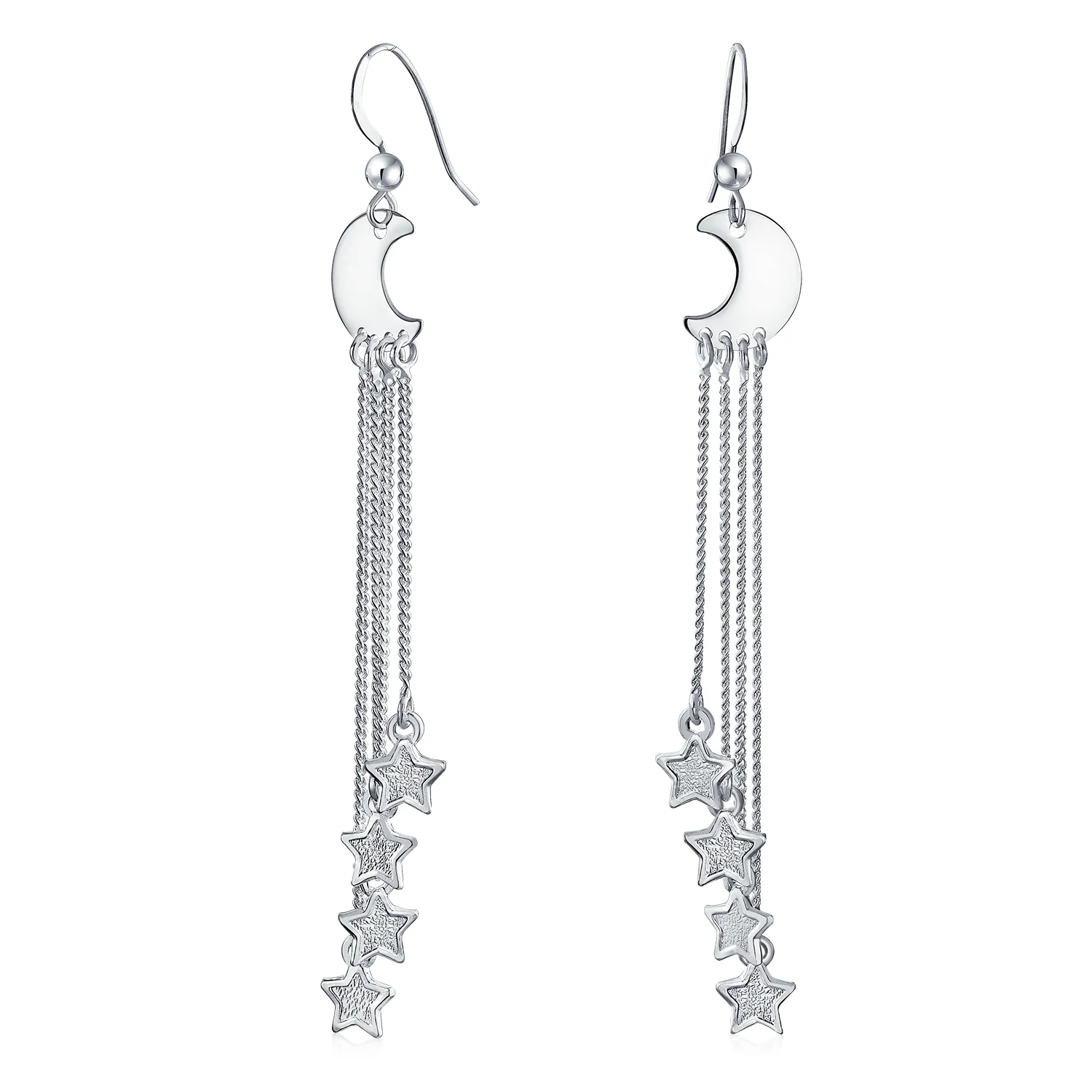 Astrology Boho Crescent Moon Stars Dangle Earrings Silver