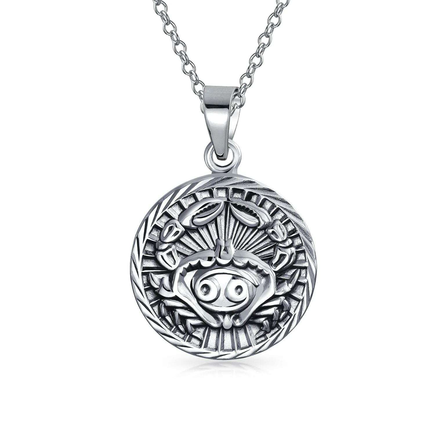 Cancer Zodiac Sign Round Medallion Pendant Necklace .925 Sterling Silver - Image 3