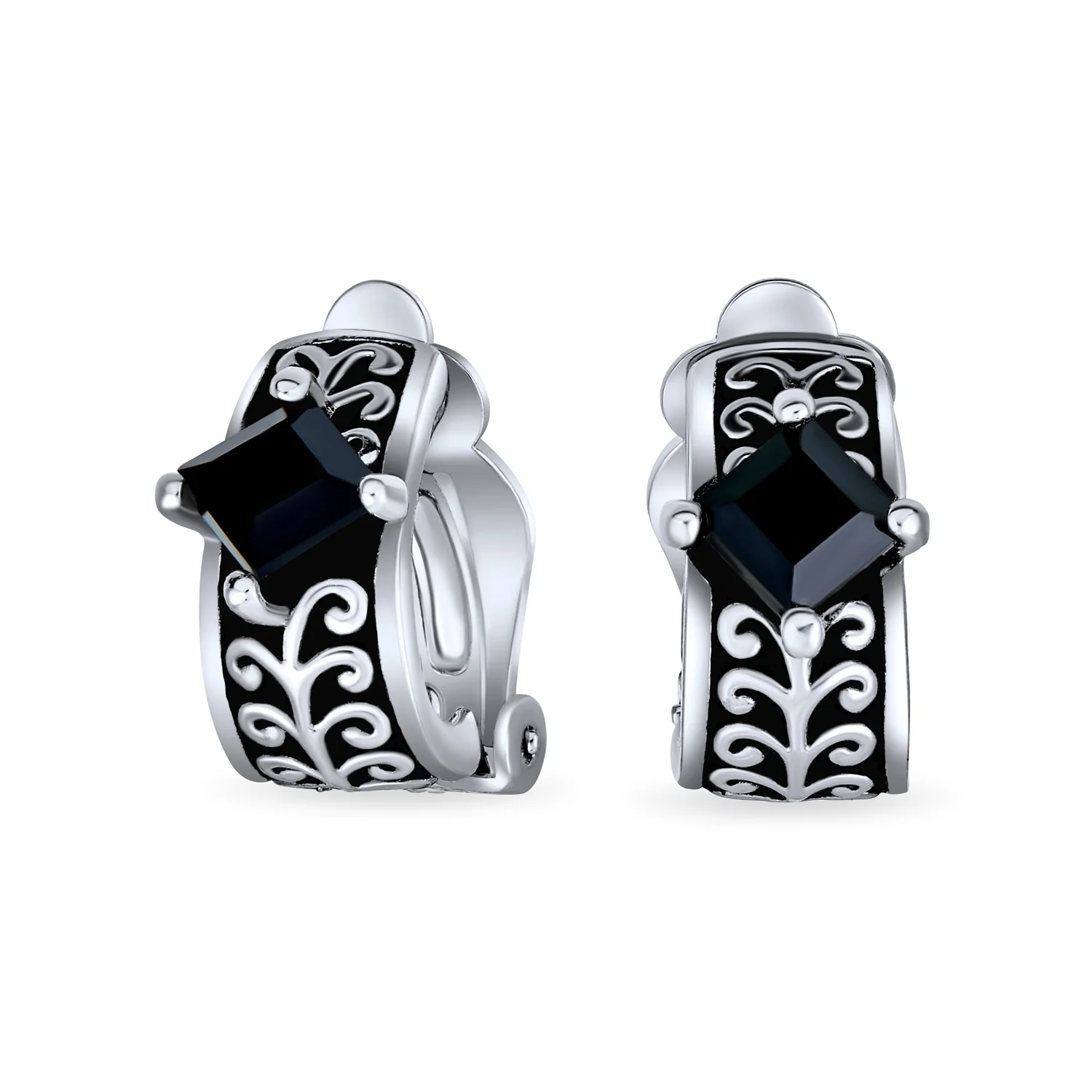 Bali Black Crystal Vines Scroll Half Hoop Clip On Earrings