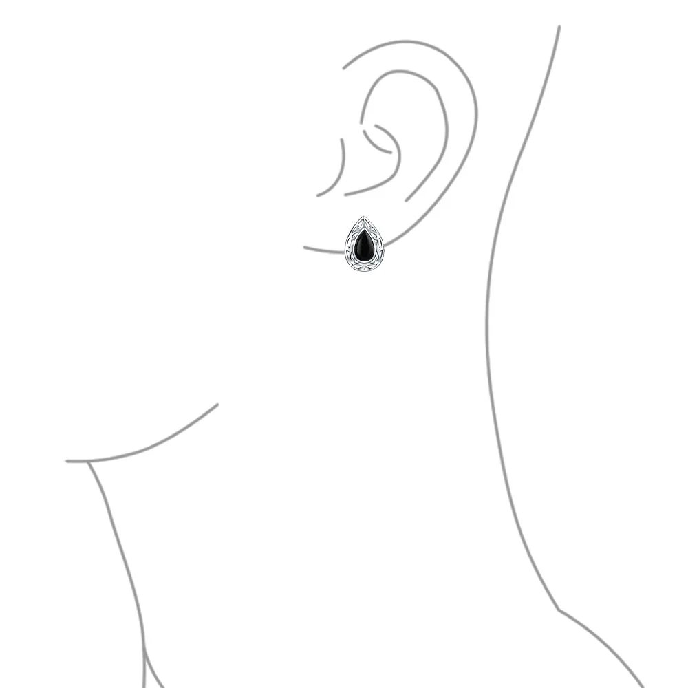 Bali Style Black Onyx Teardrop Stud Earrings 15MM Gemstone - Image 2