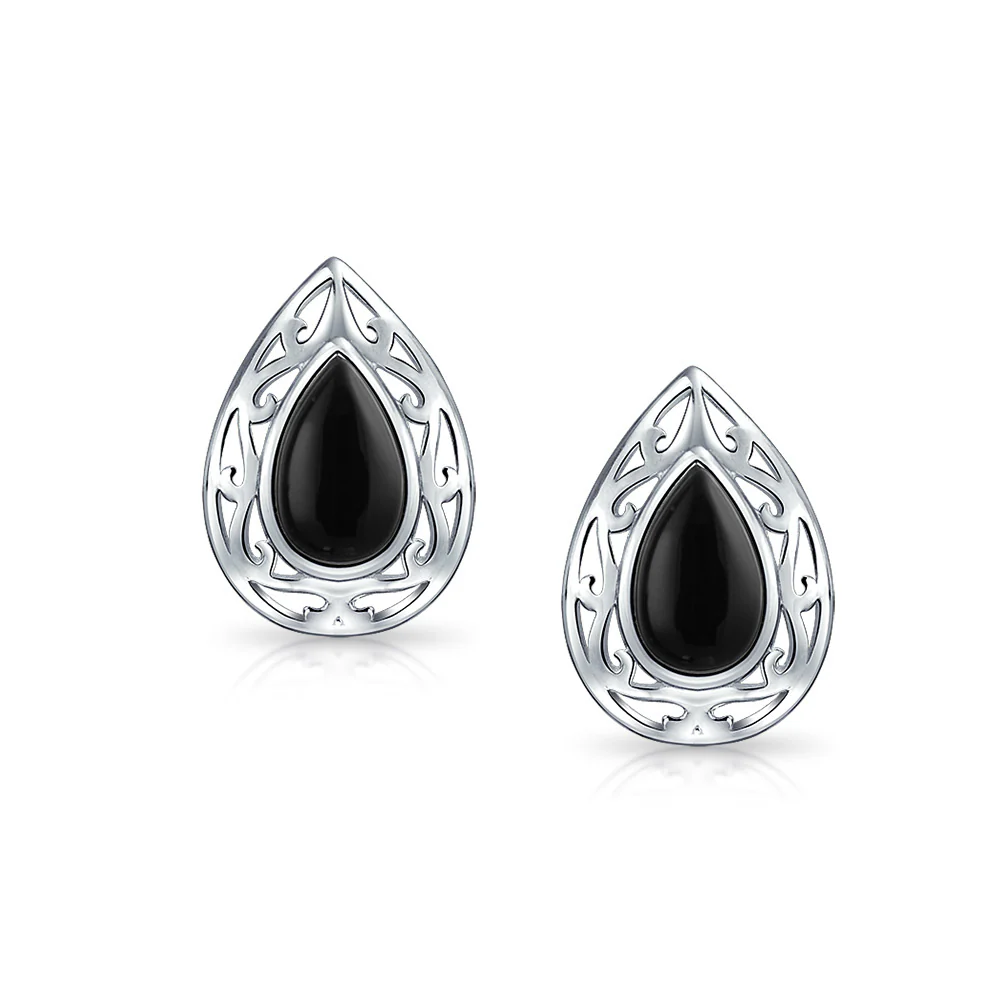 Bali Style Black Onyx Teardrop Stud Earrings 15MM Gemstone - Image 3