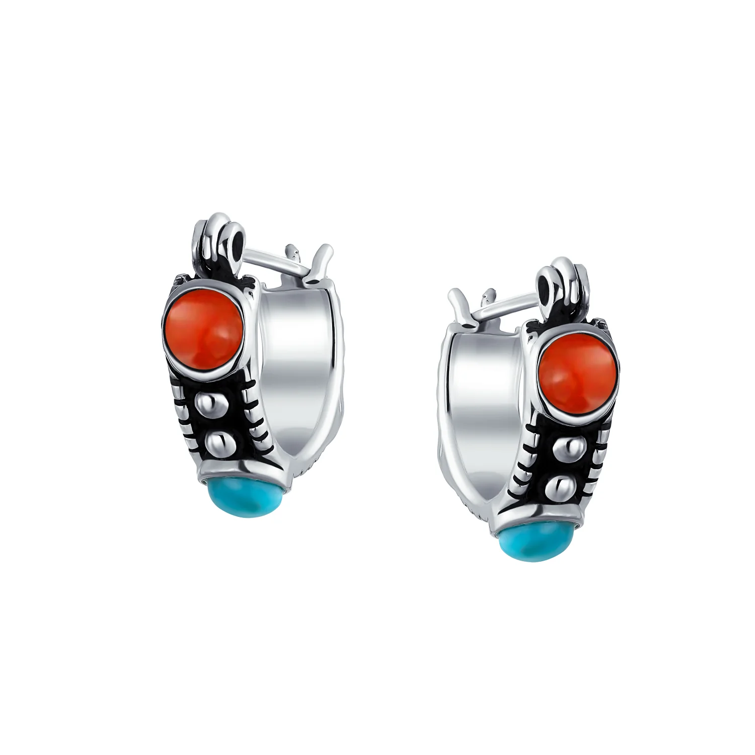 Bali Boho CZ Hoop Earrings Turquoise Carnelian Onyx Beads - Image 3