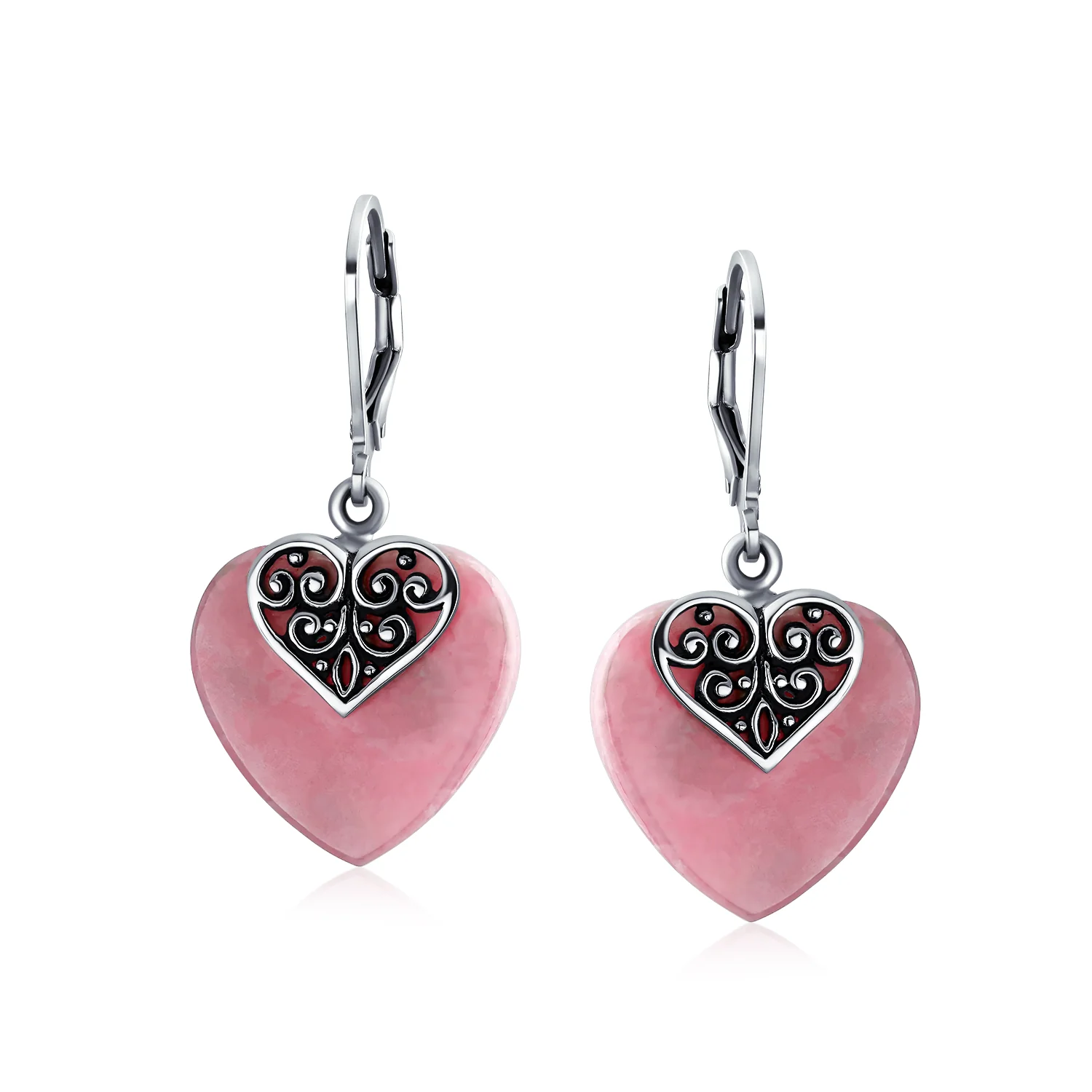Hearts Bali Boho Dangle Gemstone Earrings Pink Aqua - Image 4