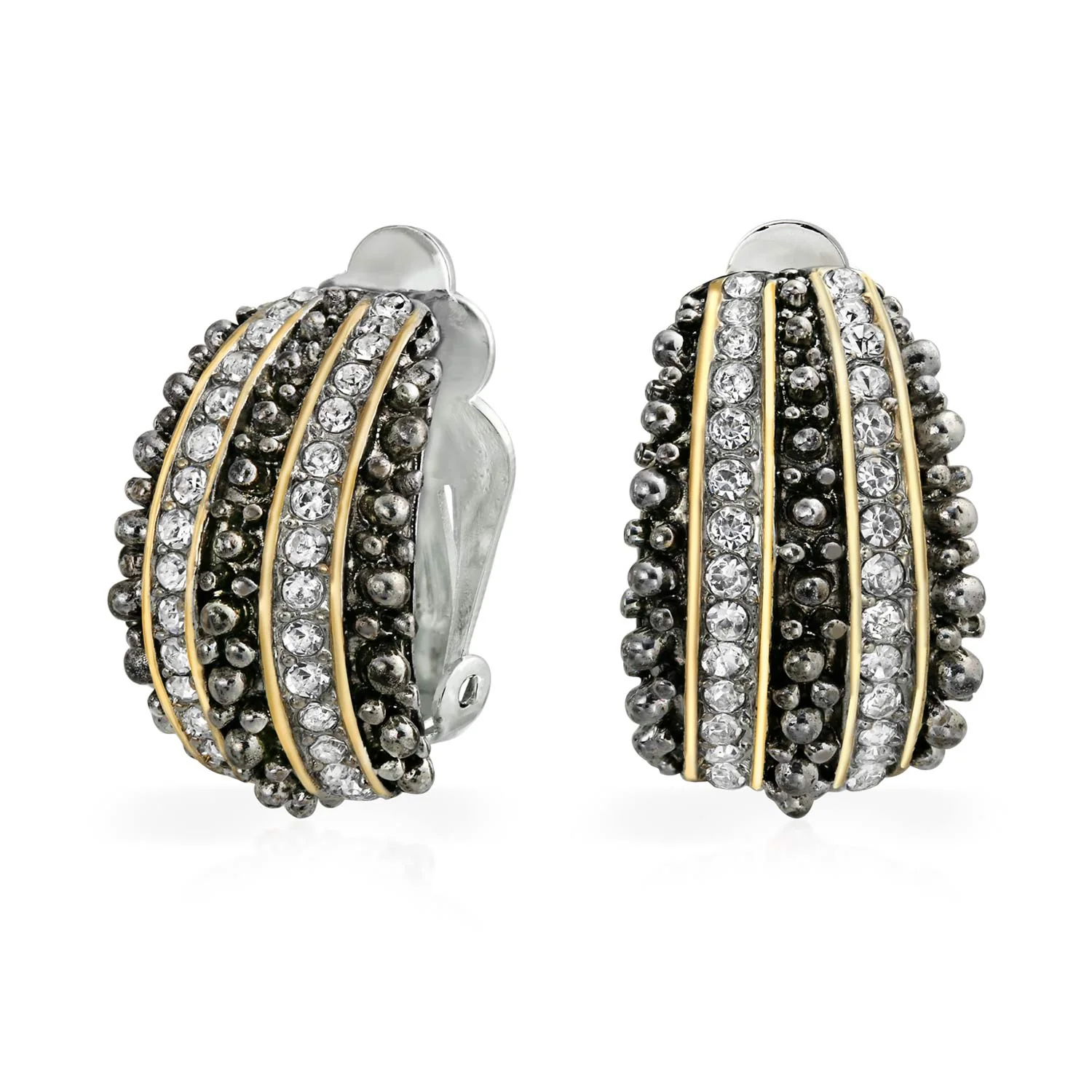 Bali Caviar Beading Crystal Half Hoop Clip-On Earrings Gold