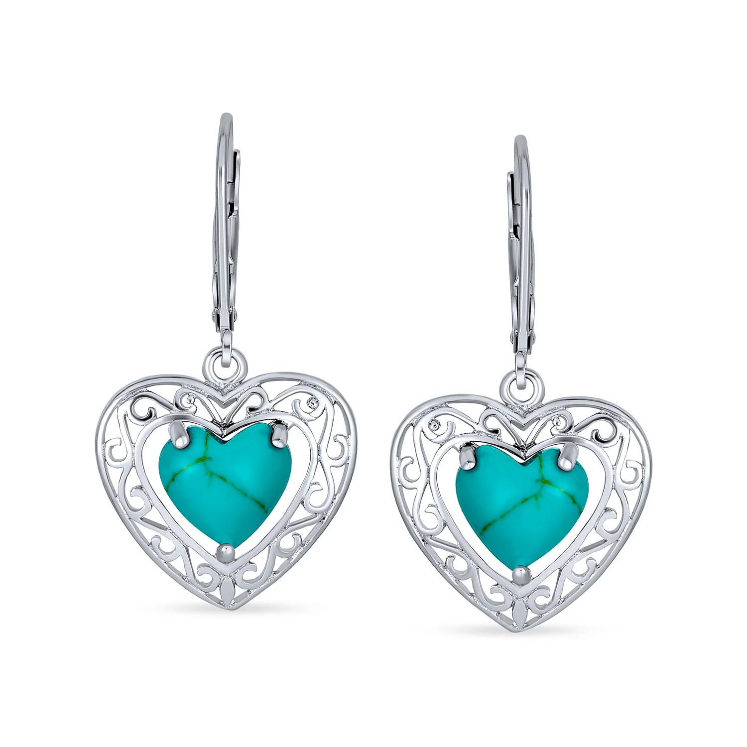 Bali Style Natural Turquoise Heart Shape Drop Earrings Scroll Filigree Sterling Silver Fish Hook - Image 2