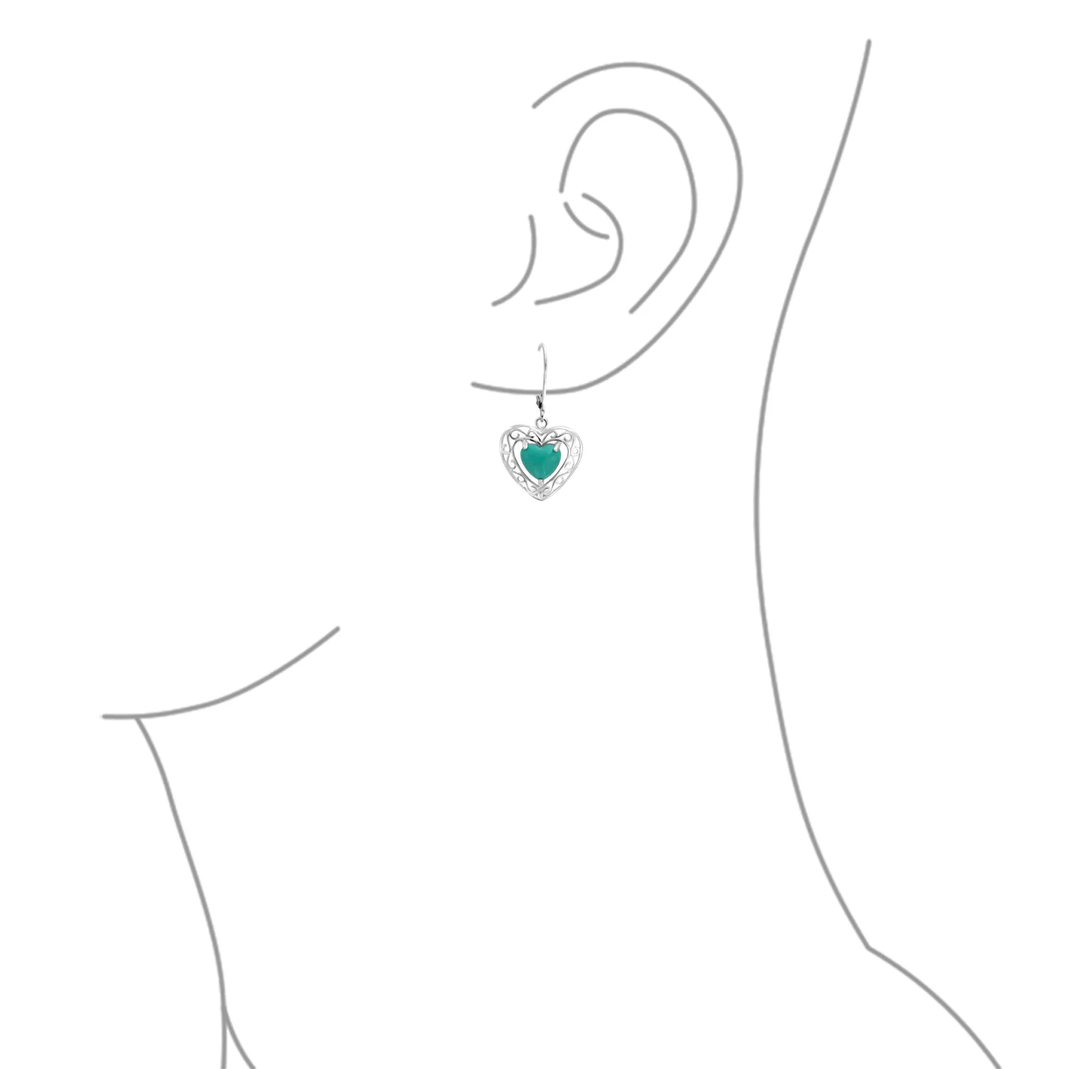Bali Style Natural Turquoise Heart Shape Drop Earrings Scroll Filigree Sterling Silver Fish Hook - Image 4