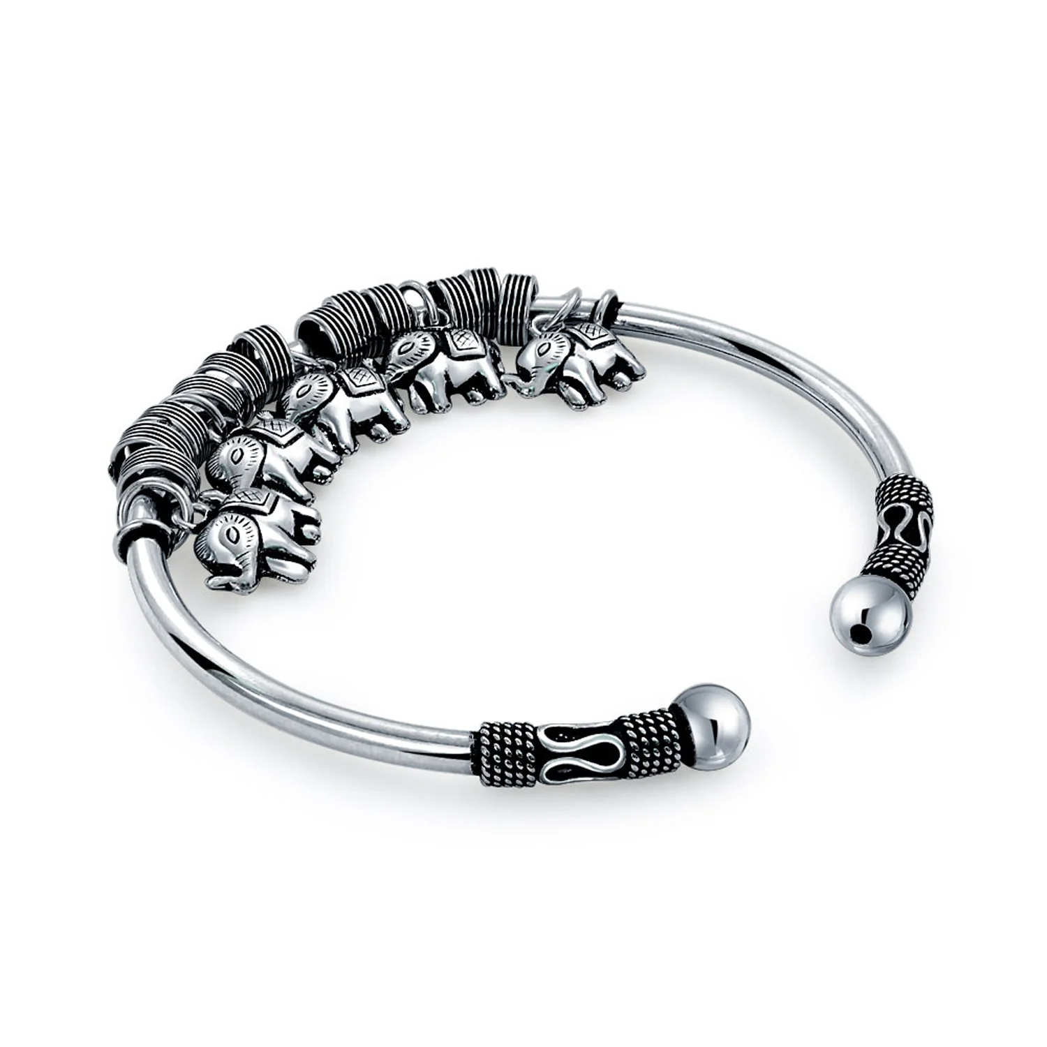 Bali Style Elephant Bangle Bracelet 5 Charms Antiqued Silver - Image 2