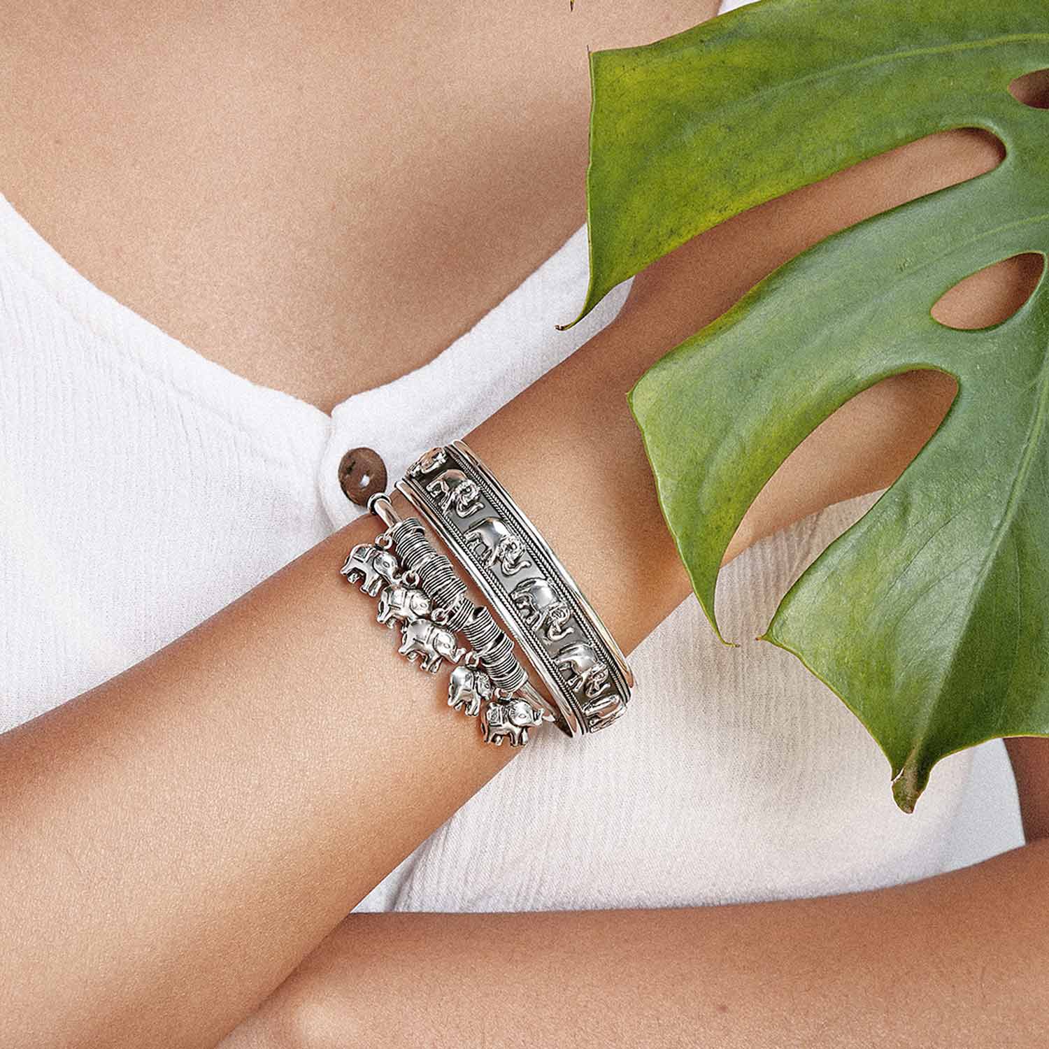 Bali Style Elephant Bangle Bracelet 5 Charms Antiqued Silver - Image 5