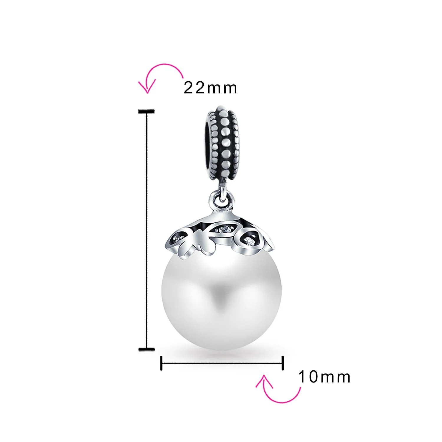Bali Filigree Cap Pearl Heart Dangle Charm Bead Silver - Image 3