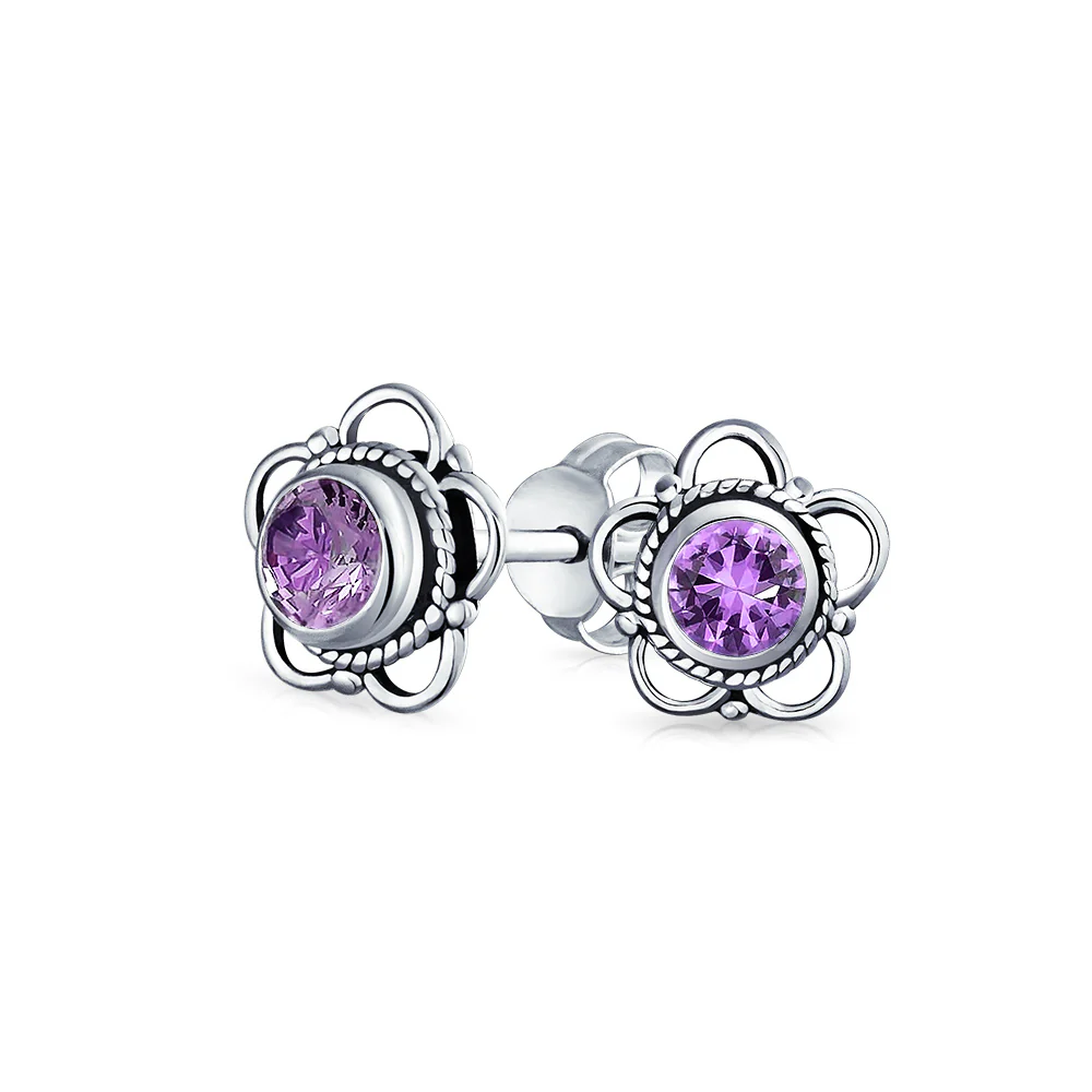 Bali Gemstone Birthstone Flower Stud Earrings Oxidized - Image 3