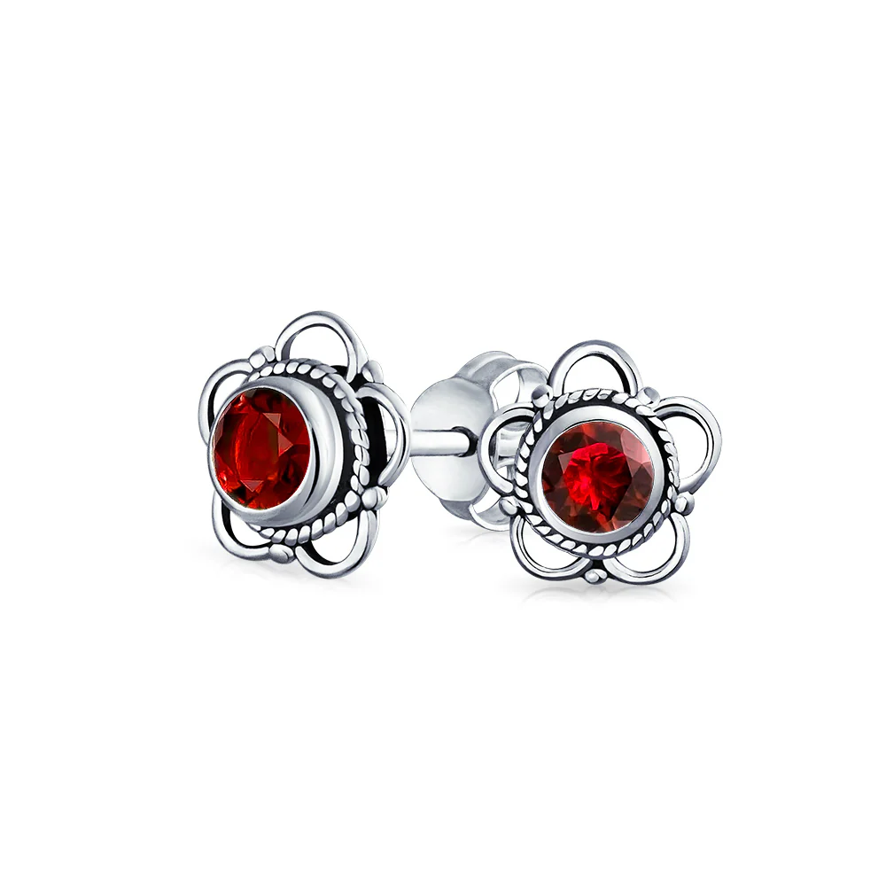 Bali Gemstone Birthstone Flower Stud Earrings Oxidized - Image 4
