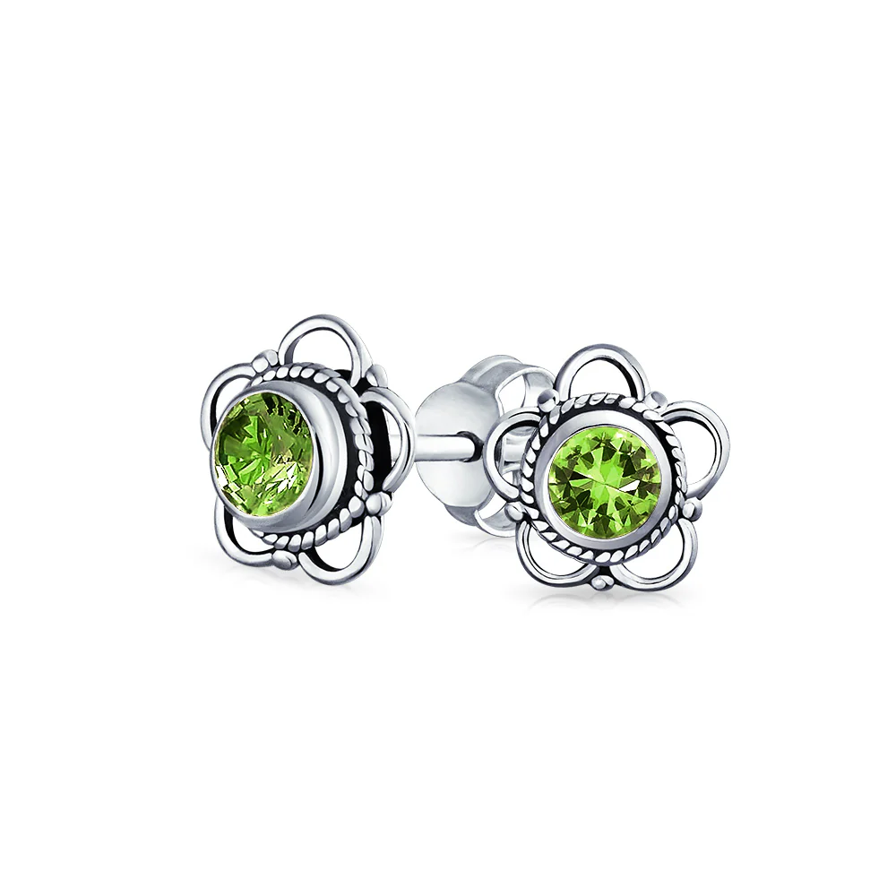 Bali Gemstone Birthstone Flower Stud Earrings Oxidized - Image 5