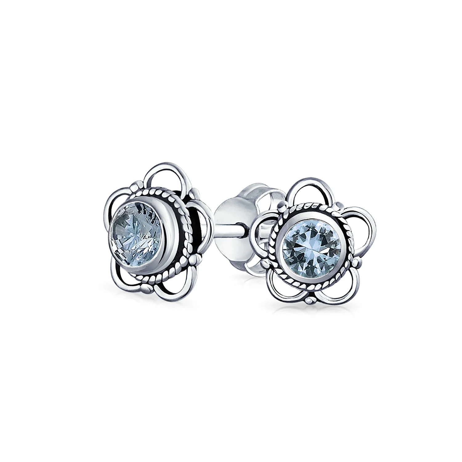 Bali Gemstone Birthstone Flower Stud Earrings Oxidized - Image 6