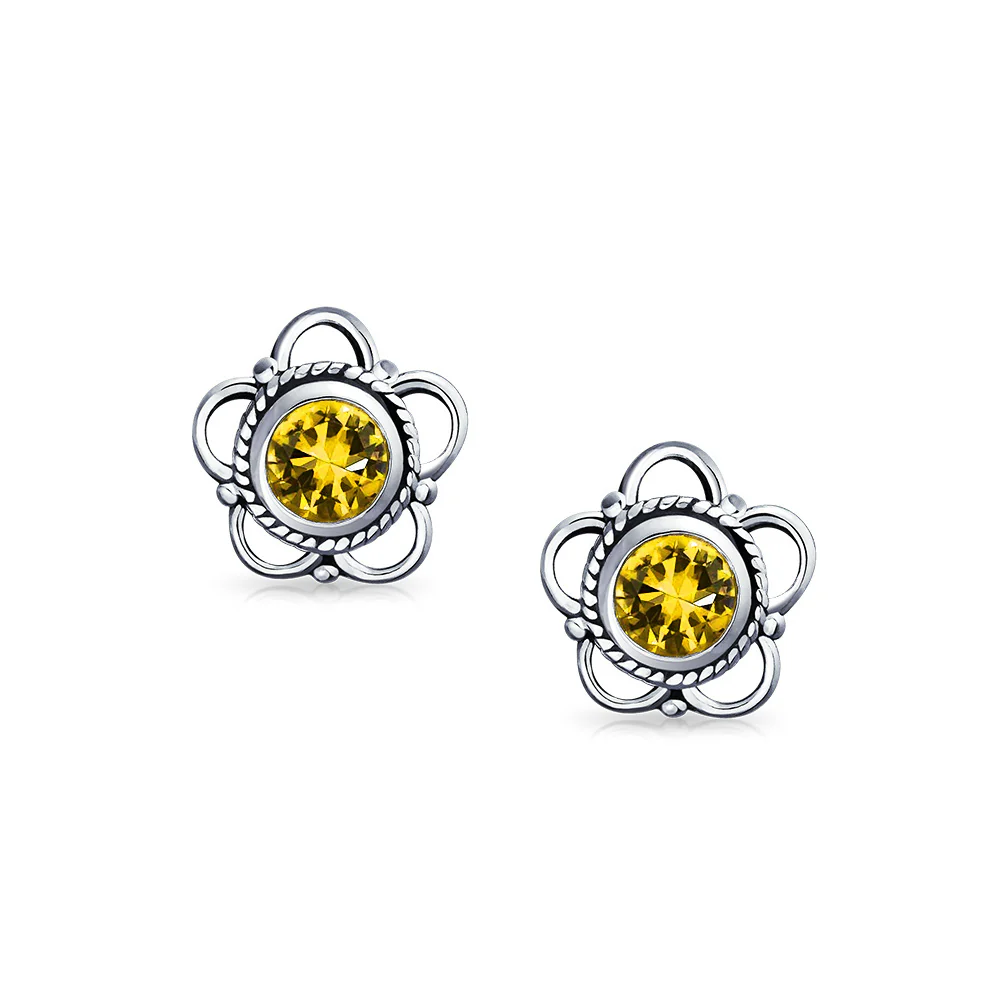 Bali Gemstone Birthstone Flower Stud Earrings Oxidized - Image 7