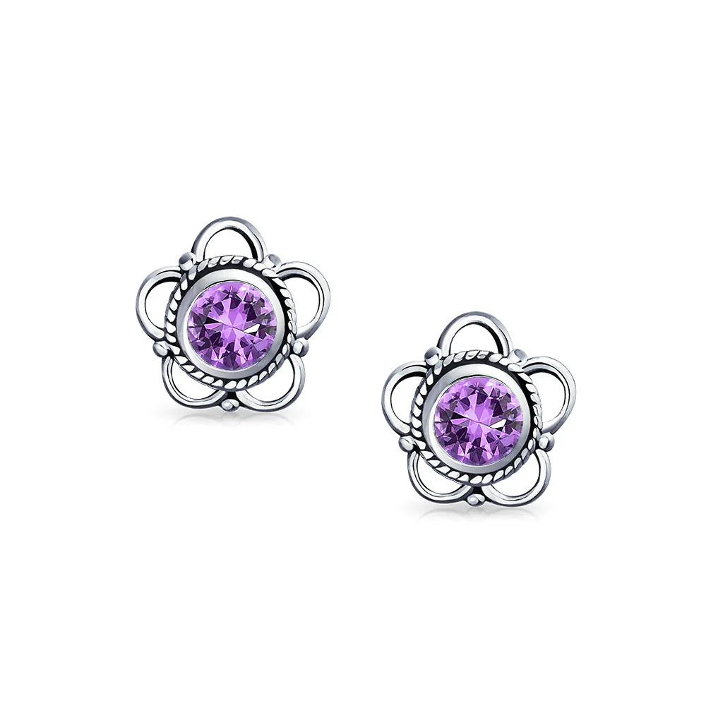 Bali Gemstone Birthstone Flower Stud Earrings Oxidized - Image 9