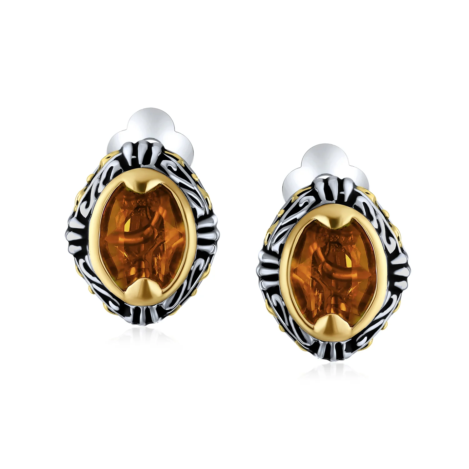 Set of 3 Blue Orange Red Crystal Oval Bali Style Clip-On Earrings Non-Pierced - Image 2