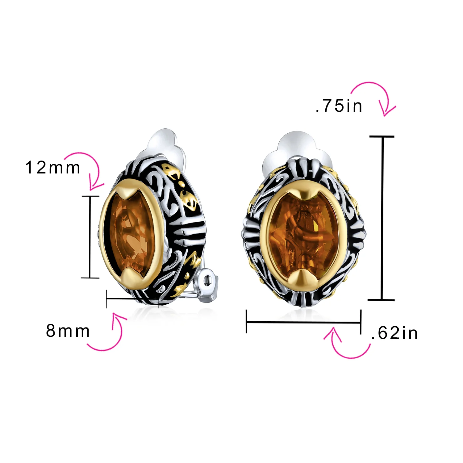 Set of 3 Blue Orange Red Crystal Oval Bali Style Clip-On Earrings Non-Pierced - Image 4