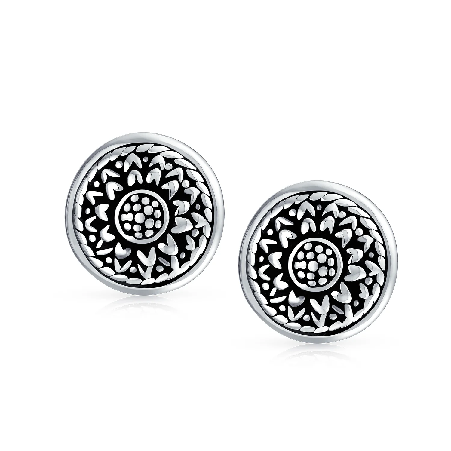 Bali Sunflower Medallion Clip-On Earrings Oxidized Silver - Image 2
