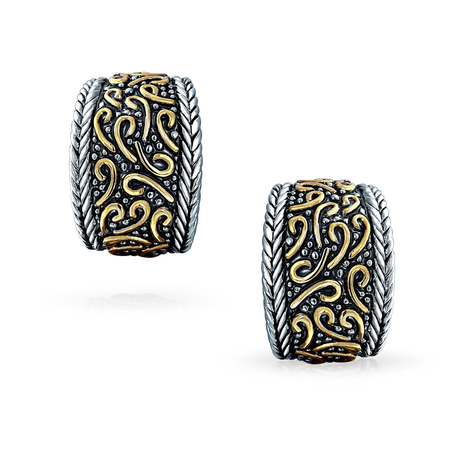 Tri Color Bali Style Scroll Wide Half Hoop Clip On Earrings Non Pierced Ears - Image 2