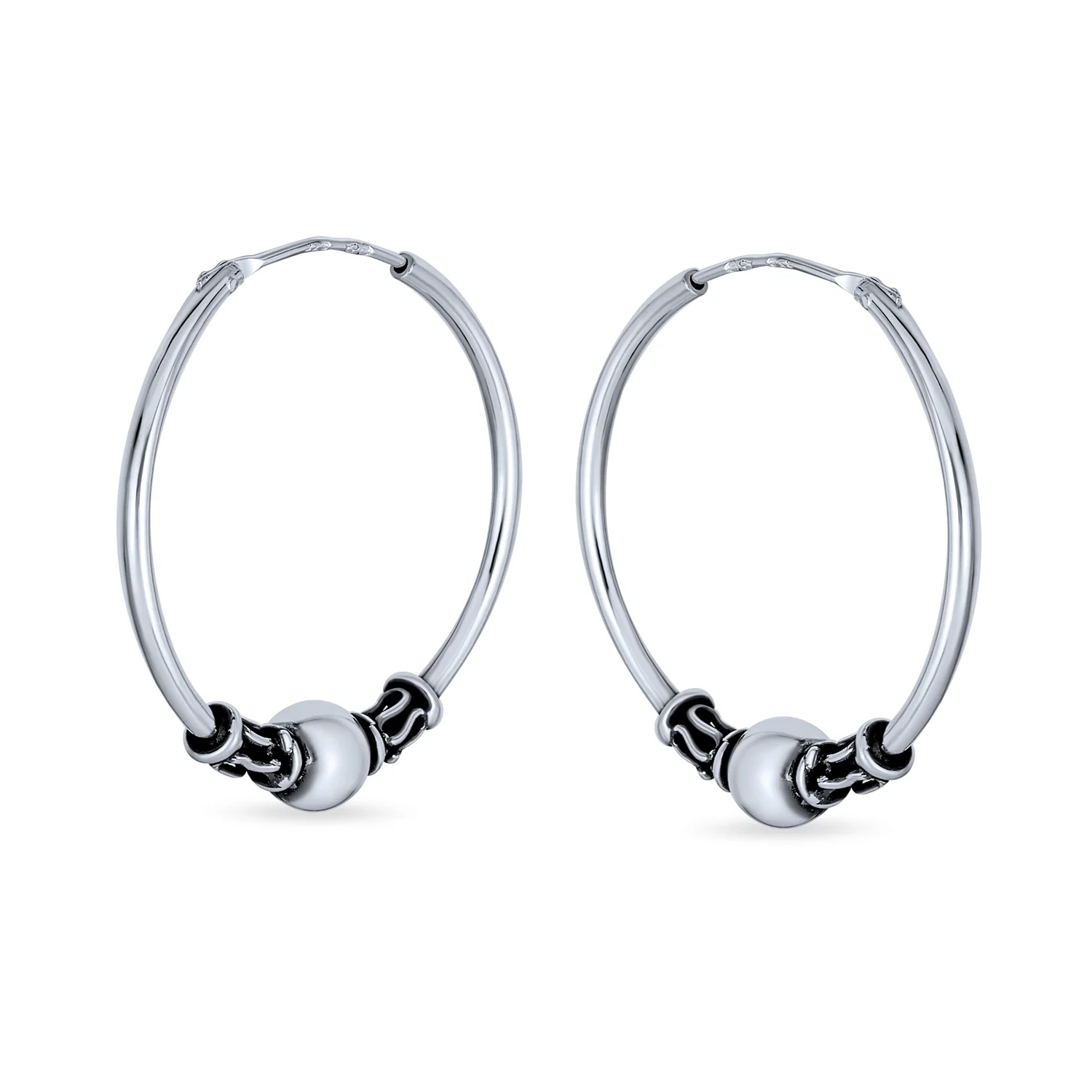 Bali Tribal Ball Bead Hoop Huggie Earrings Oxidized 1 Inch - Image 2