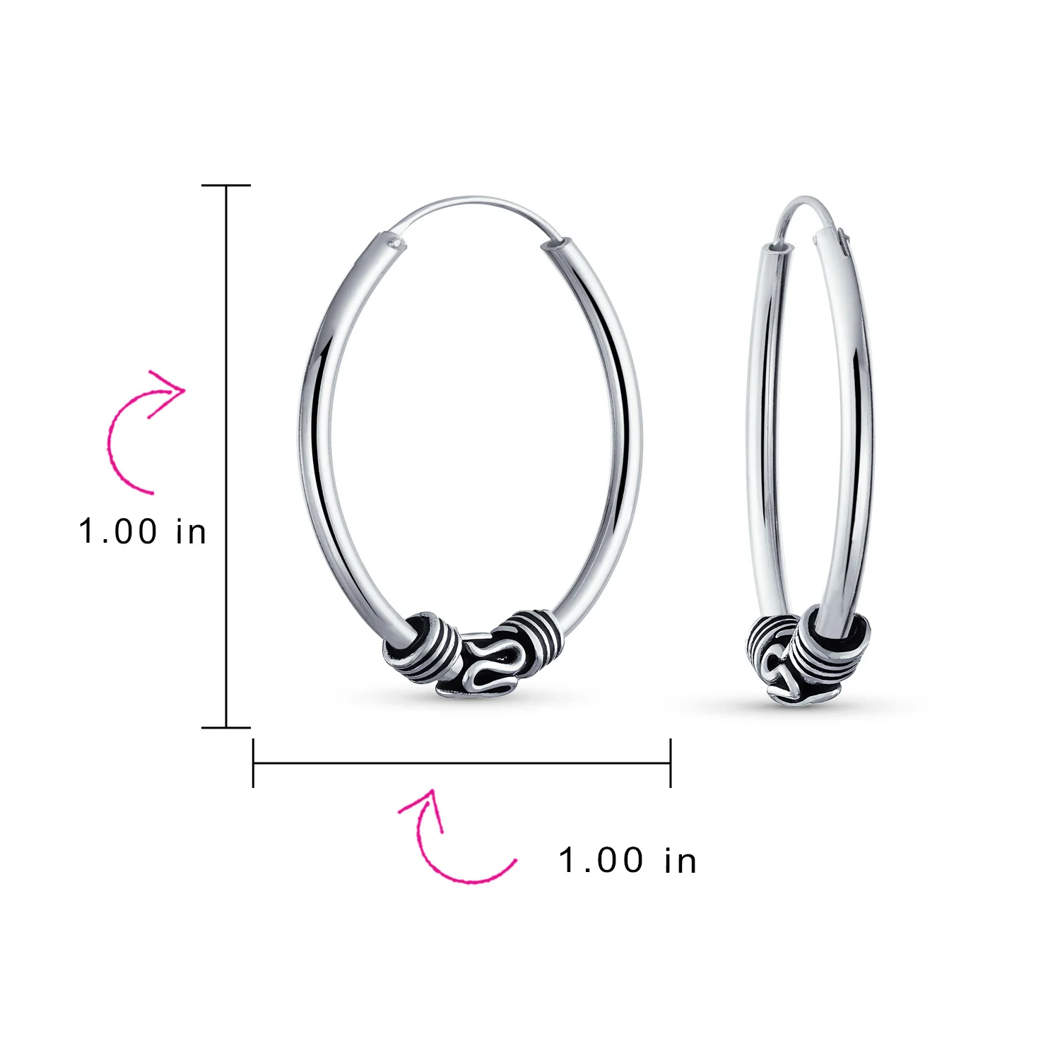Bali Boho Style Continuous Endless Hoop Earrings Oxidized .925 Sterling Silver .75 Inch Diameter - Image 15