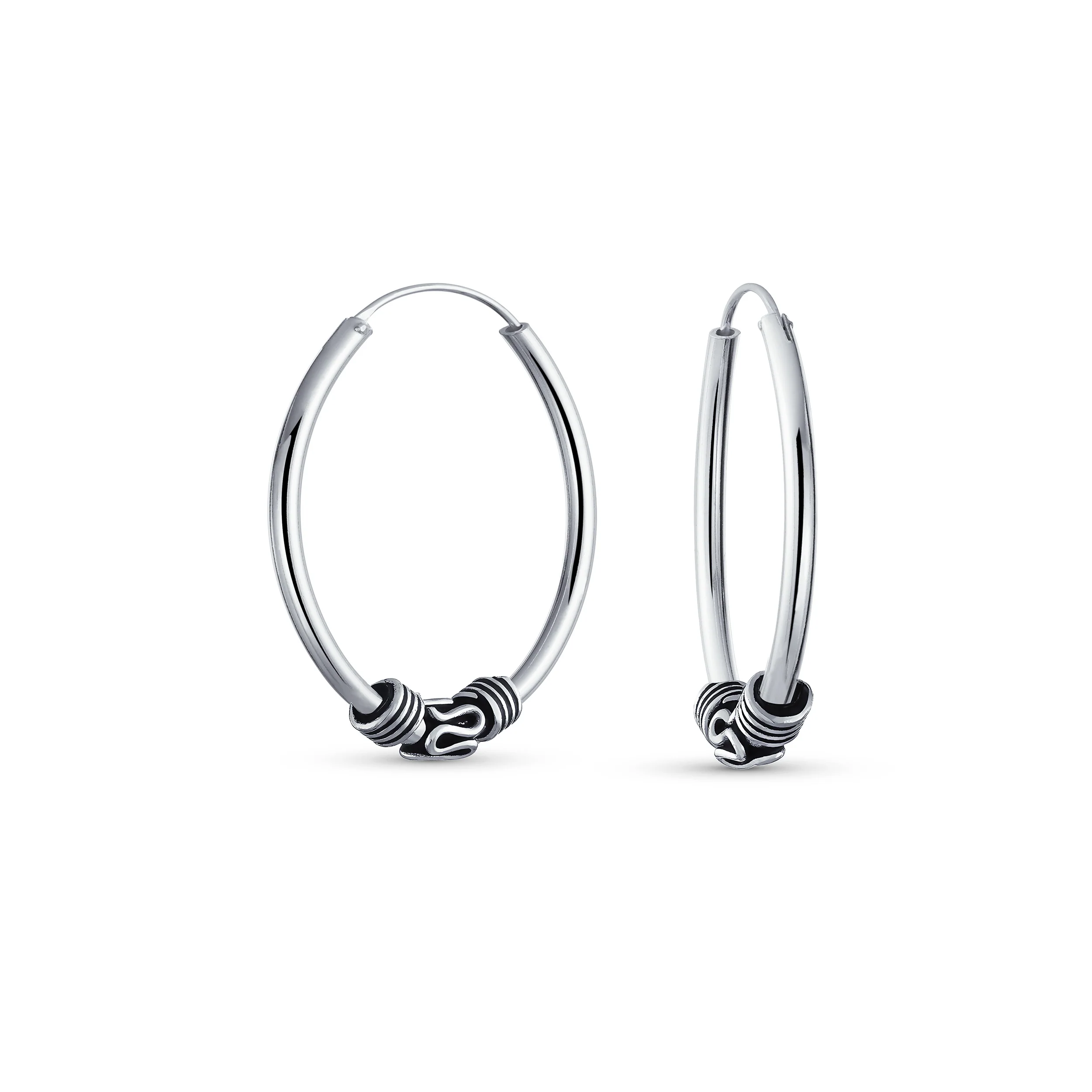 Bali Boho Style Continuous Endless Hoop Earrings Oxidized .925 Sterling Silver .75 Inch Diameter - Image 3