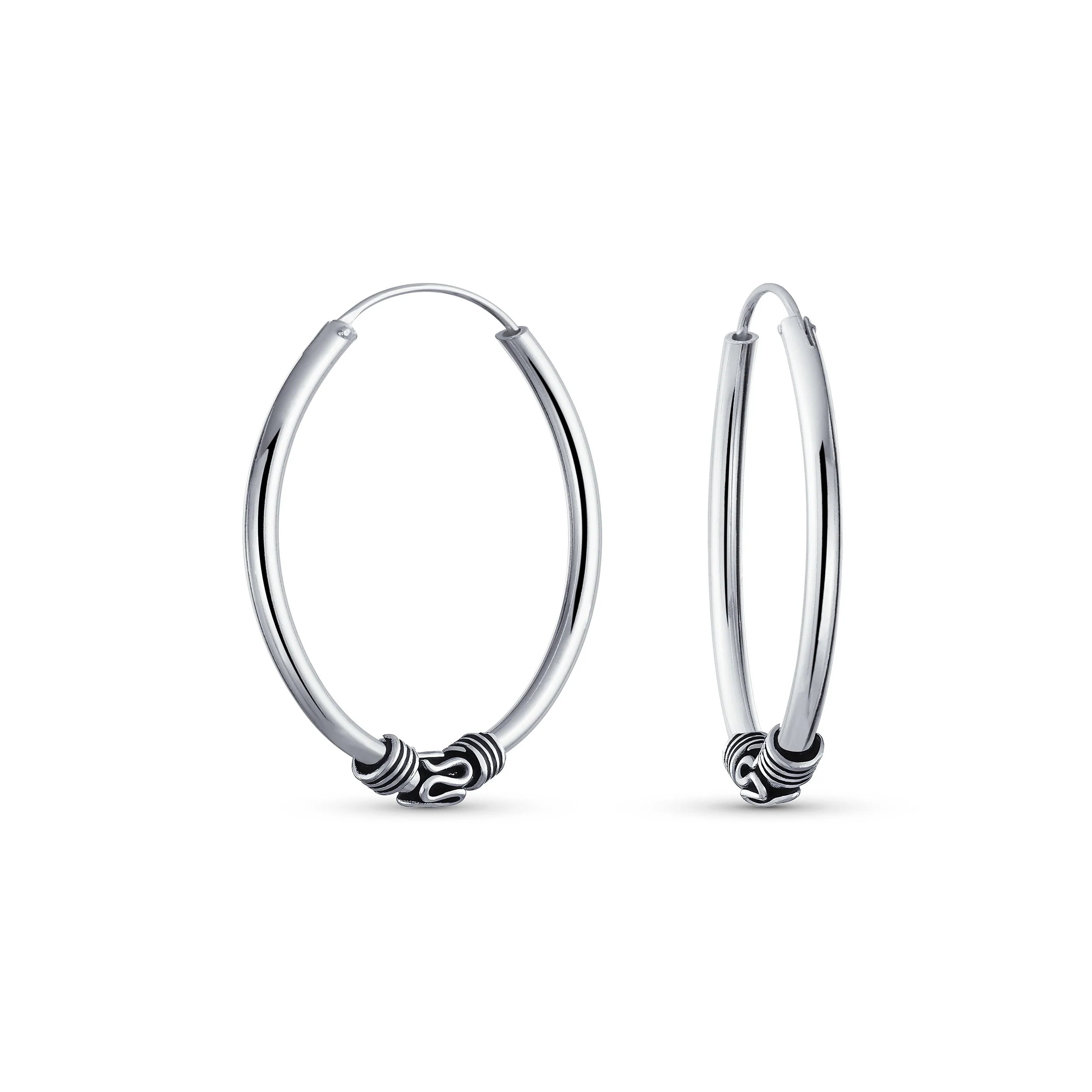 Bali Boho Style Continuous Endless Hoop Earrings Oxidized .925 Sterling Silver .75 Inch Diameter - Image 4