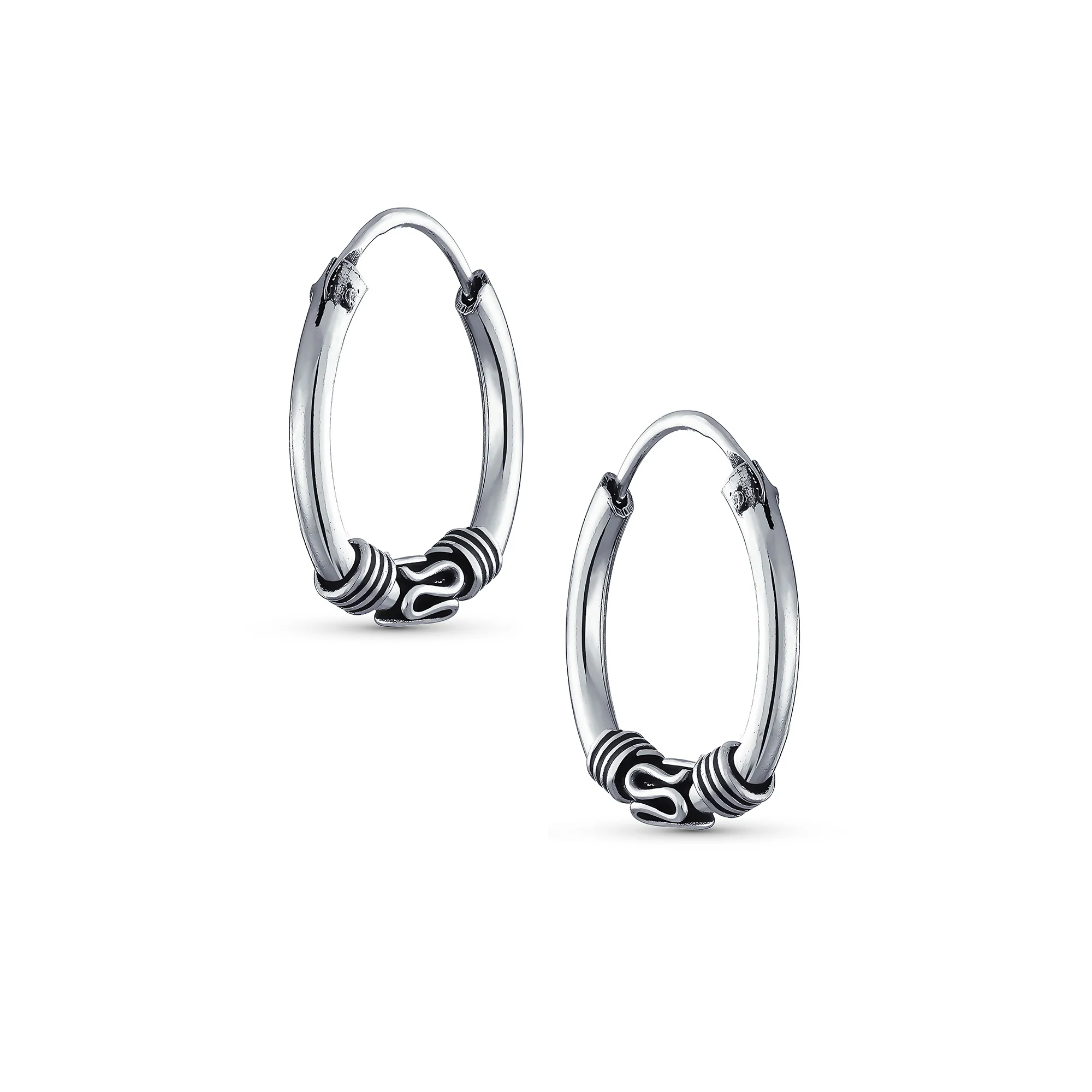 Bali Boho Style Continuous Endless Hoop Earrings Oxidized .925 Sterling Silver .75 Inch Diameter - Image 5