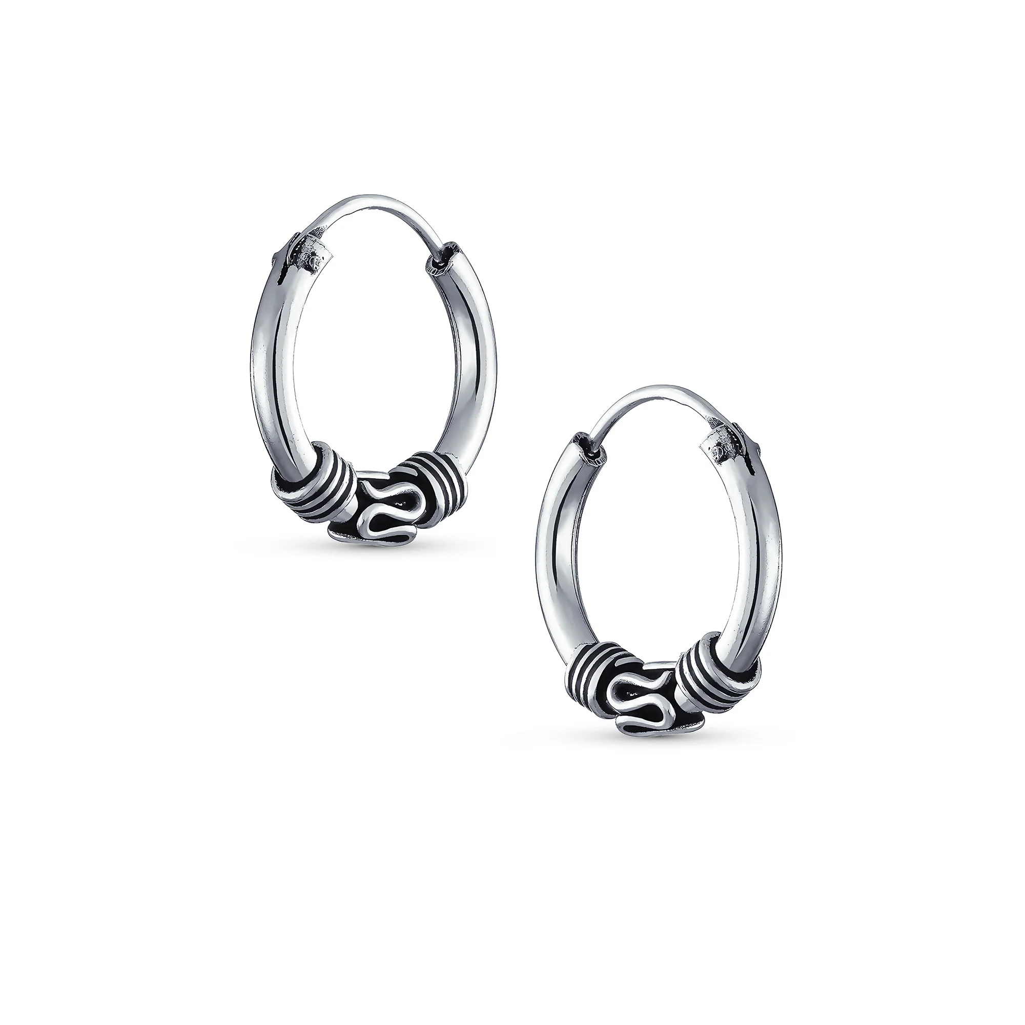 Bali Boho Style Continuous Endless Hoop Earrings Oxidized .925 Sterling Silver .75 Inch Diameter - Image 6