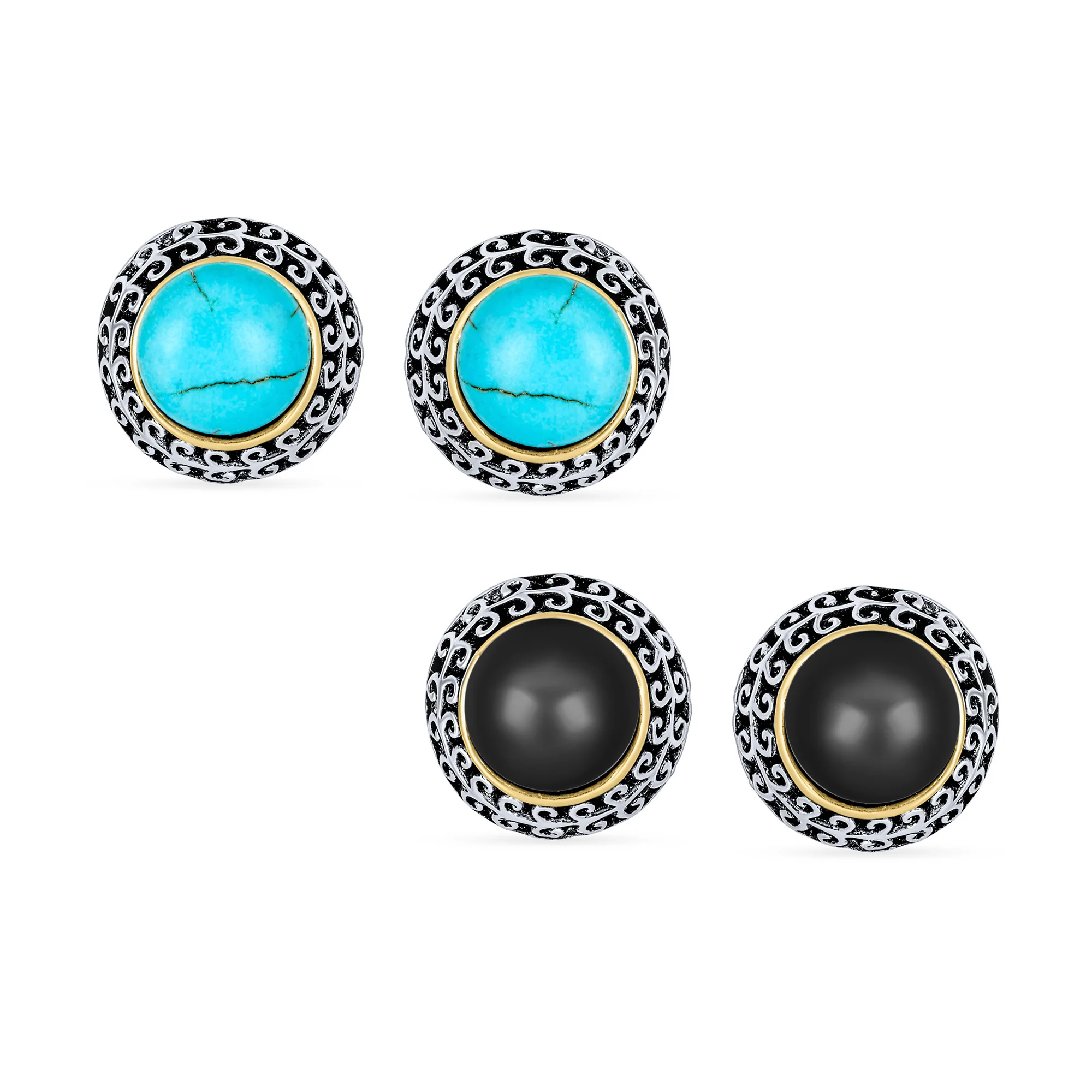Balinese Button Clip-On Earrings Simulated Pearl Gemstones - Image 4