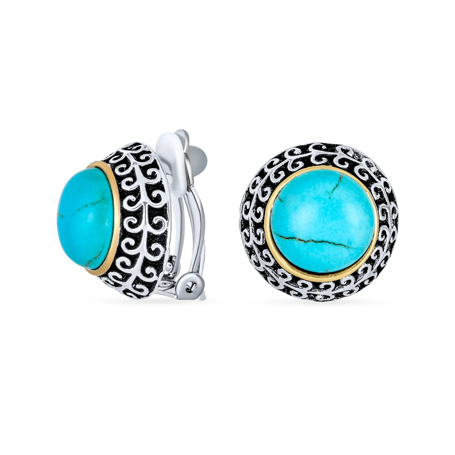 Balinese Button Clip-On Earrings Simulated Pearl Gemstones - Image 8
