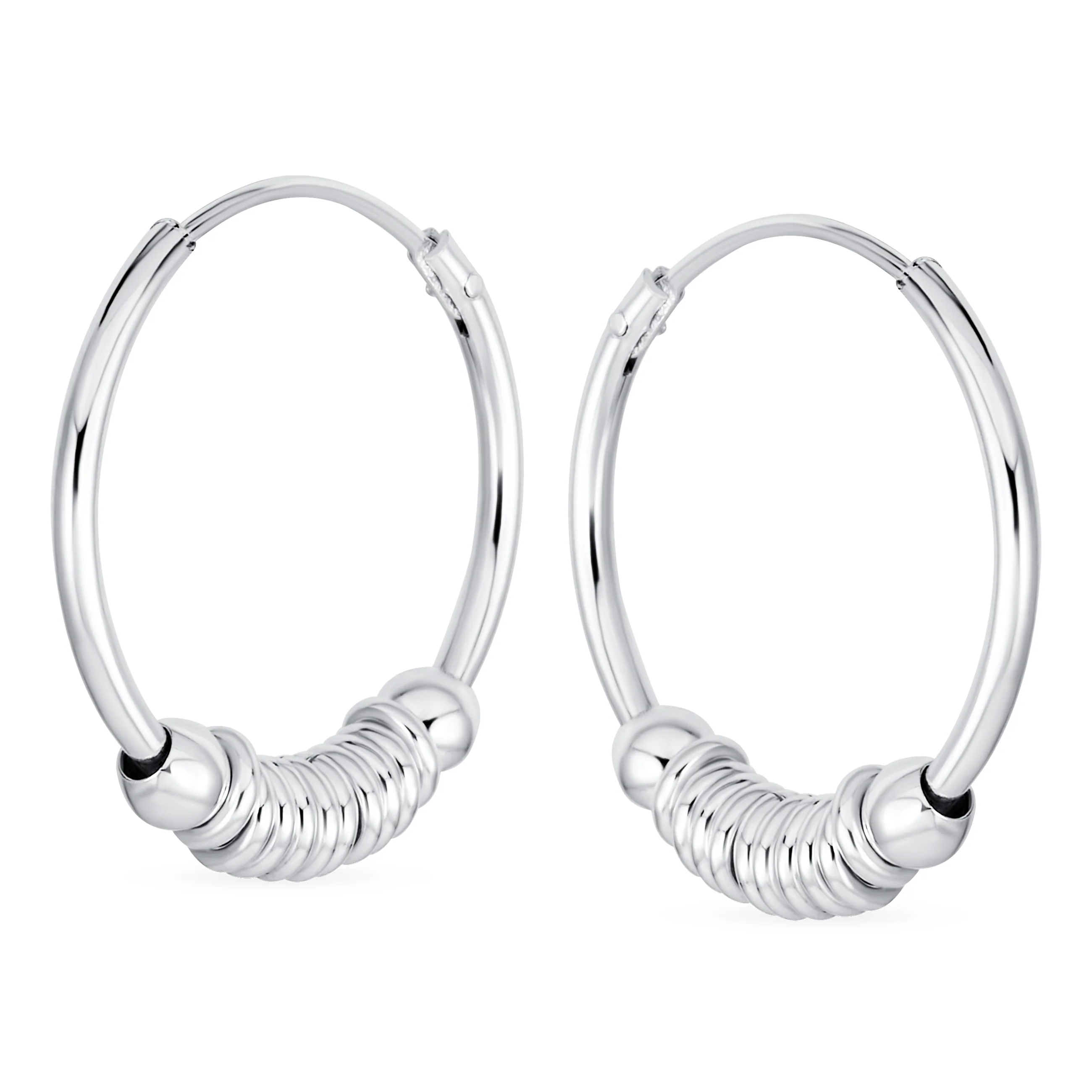 Balinese Tribal Ball Bead Hoop Huggie Earrings Silver - Image 2