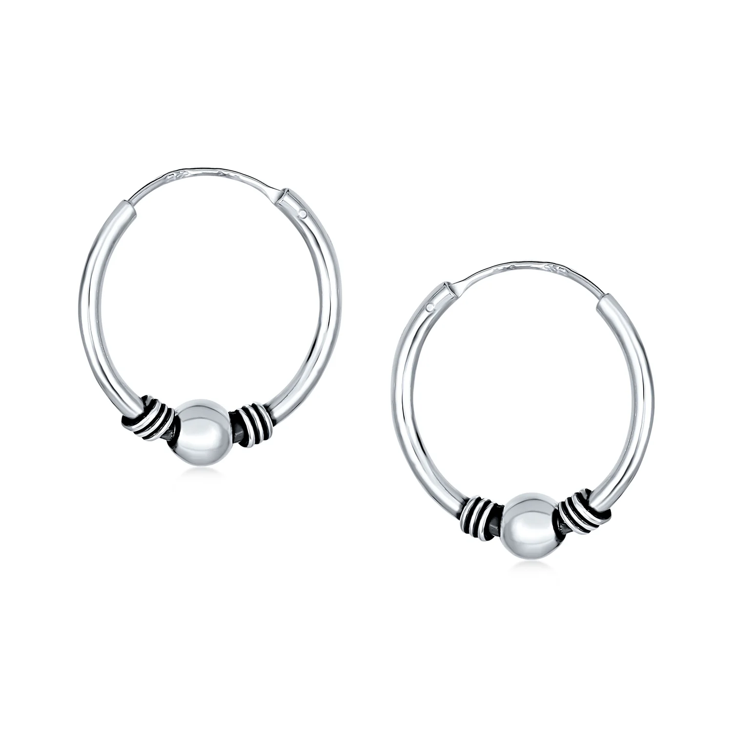 Balinese Tribal Ball Bead Boho Endless Hoop Earrings Silver - Image 2