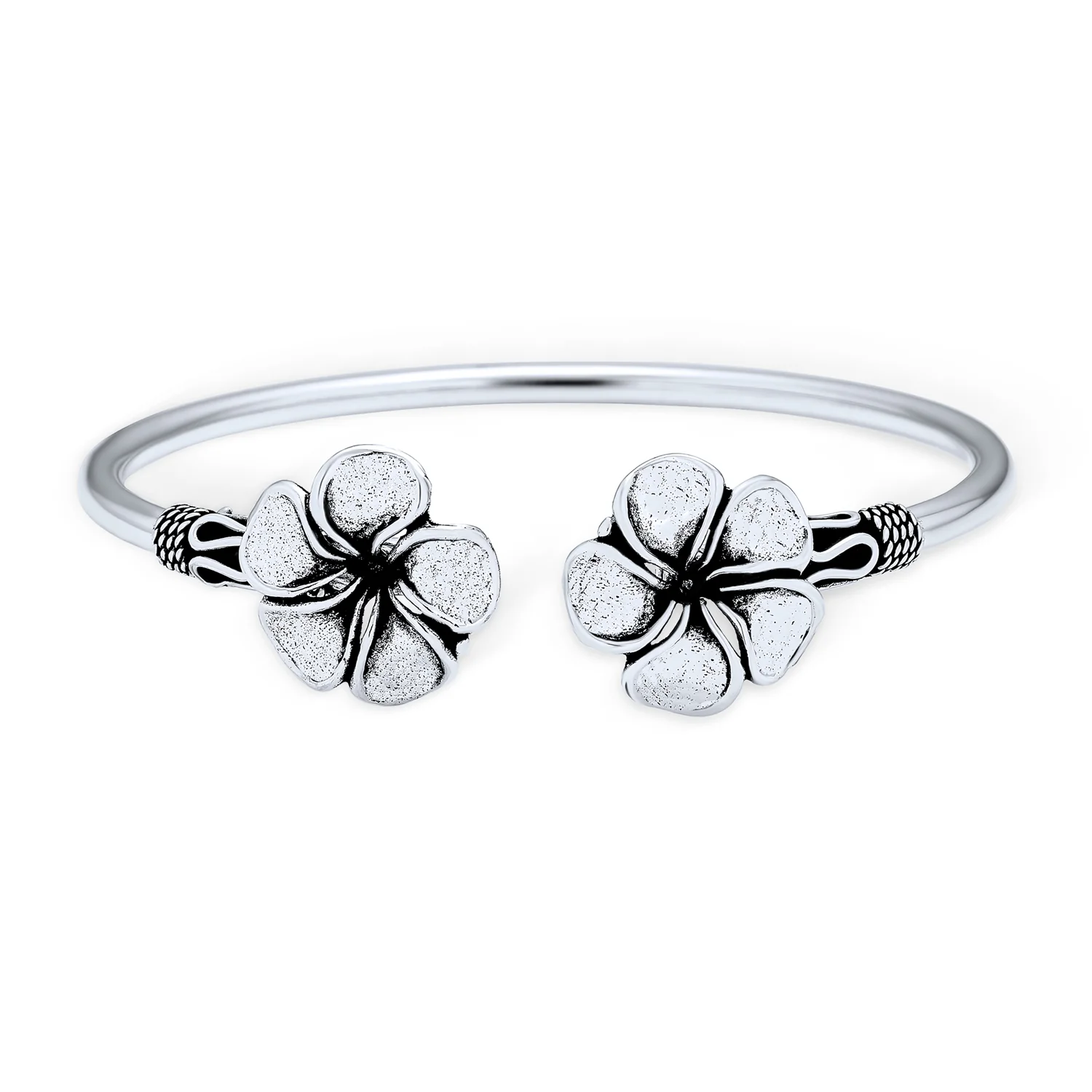 Bali Floral Style Plumeria Flower Stacking Bangle Cuff Bracelet Oxidized .925 Sterling Silver