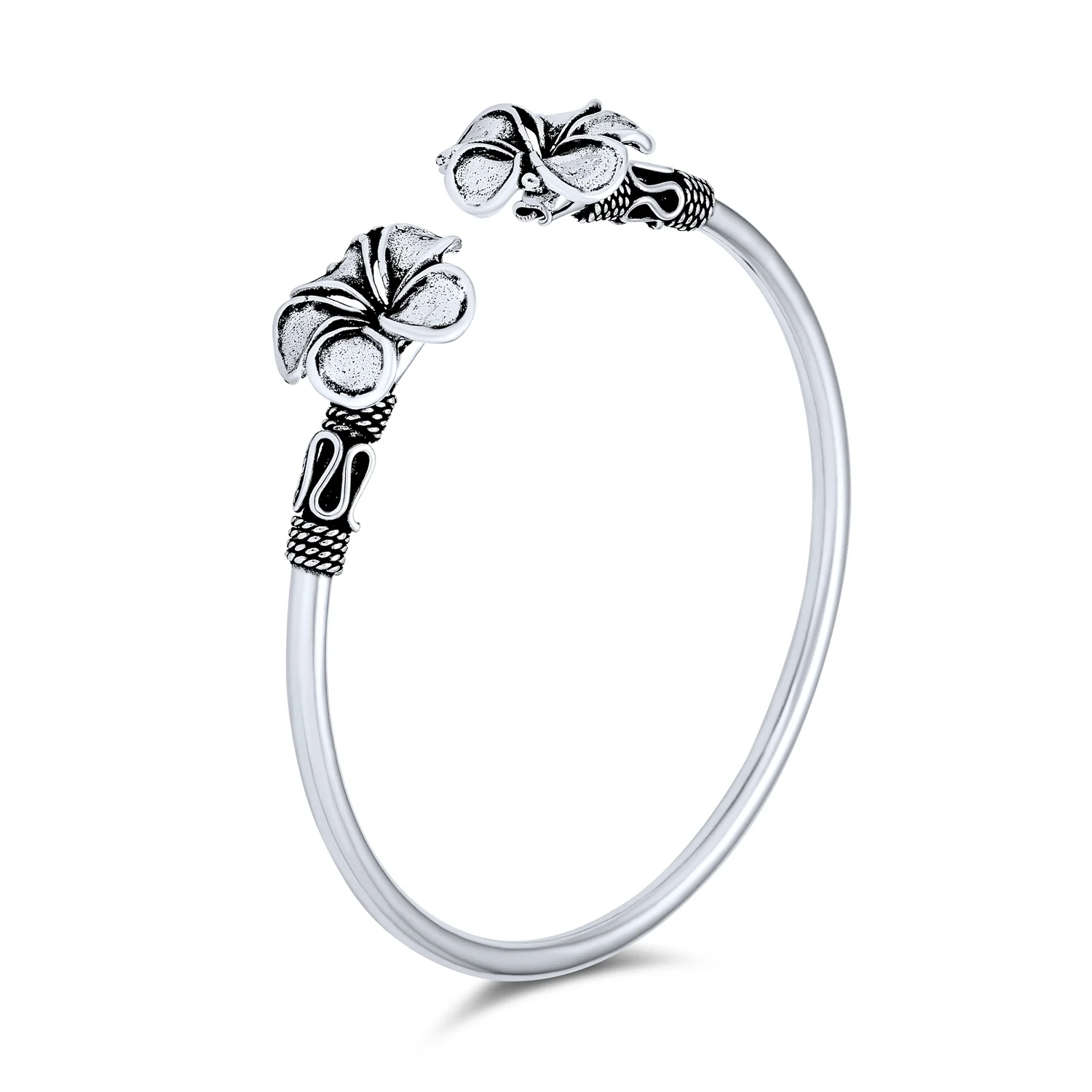 Bali Floral Style Plumeria Flower Stacking Bangle Cuff Bracelet Oxidized .925 Sterling Silver - Image 2