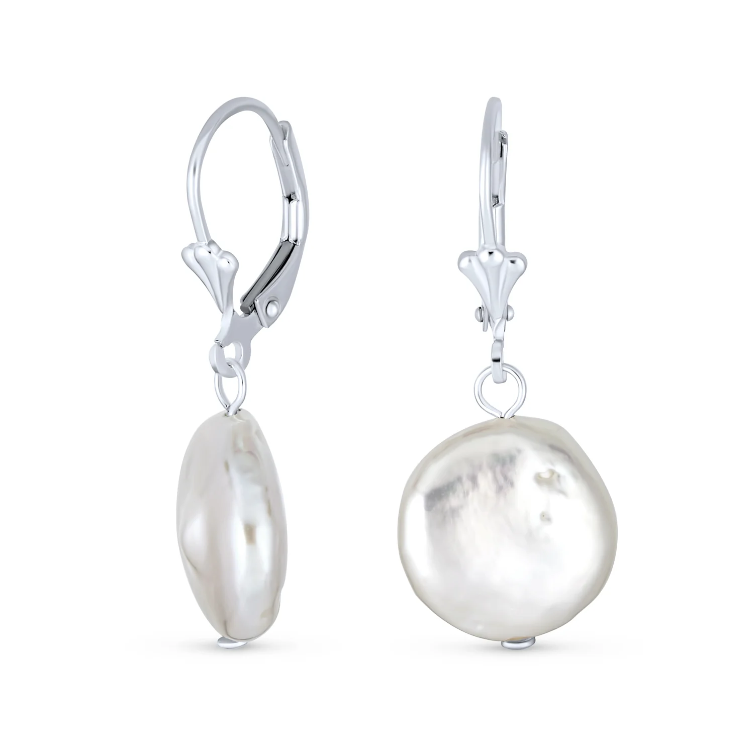 Baroque Irregular Coin Shaped White Biwa Pearl Dangle Earrings .925 Sterling Silver Lever back
