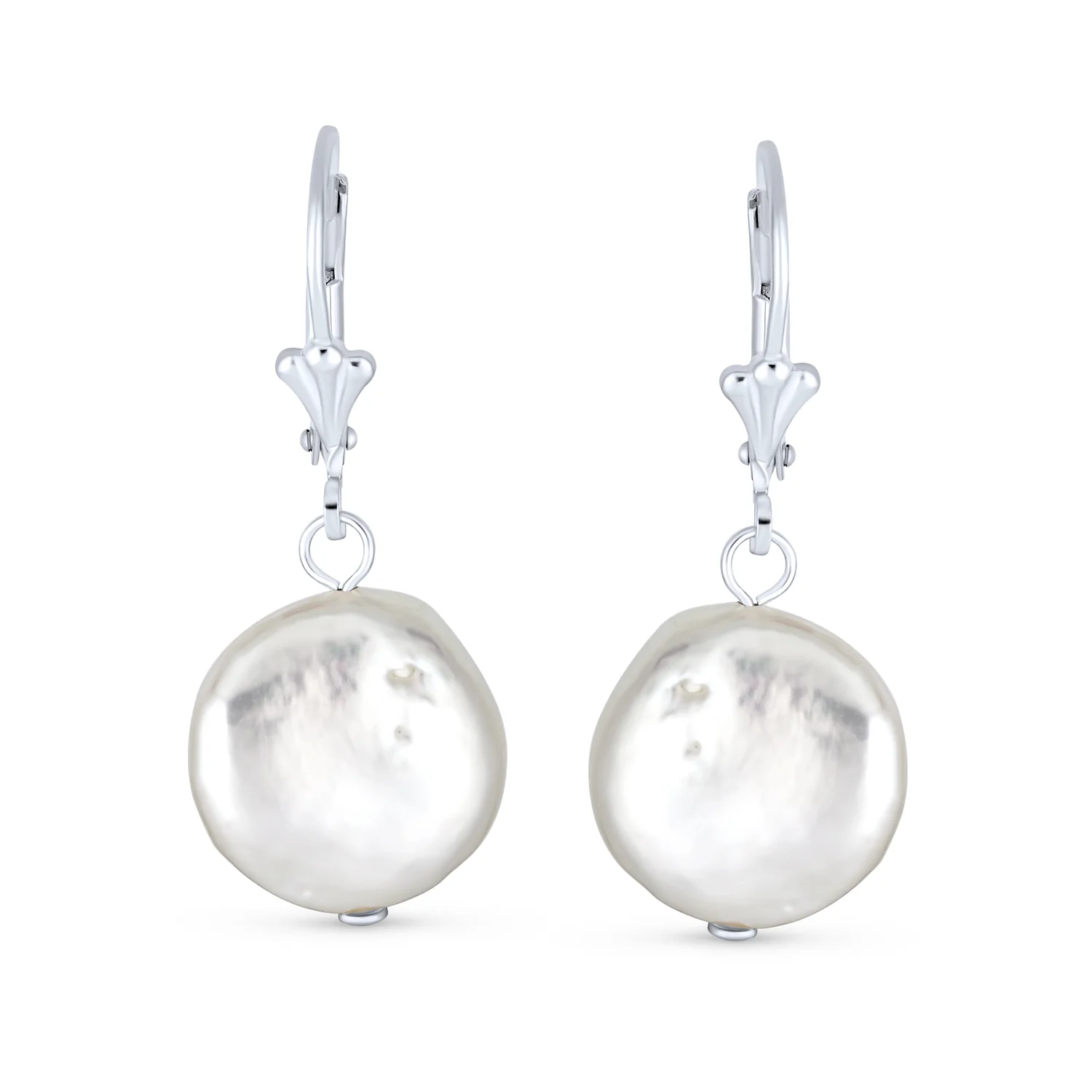 Baroque Irregular Coin Shaped White Biwa Pearl Dangle Earrings .925 Sterling Silver Lever back - Image 2