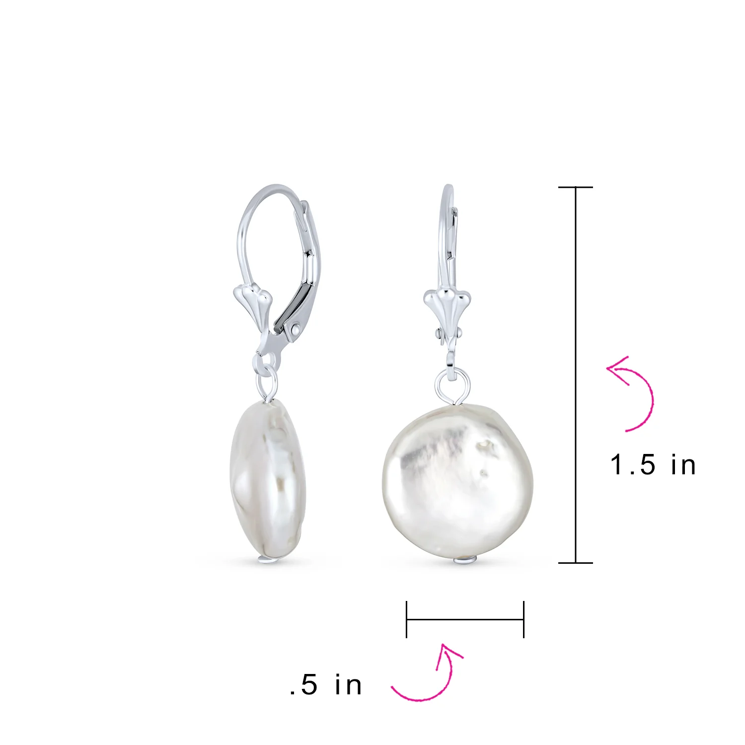 Baroque Irregular Coin Shaped White Biwa Pearl Dangle Earrings .925 Sterling Silver Lever back - Image 4
