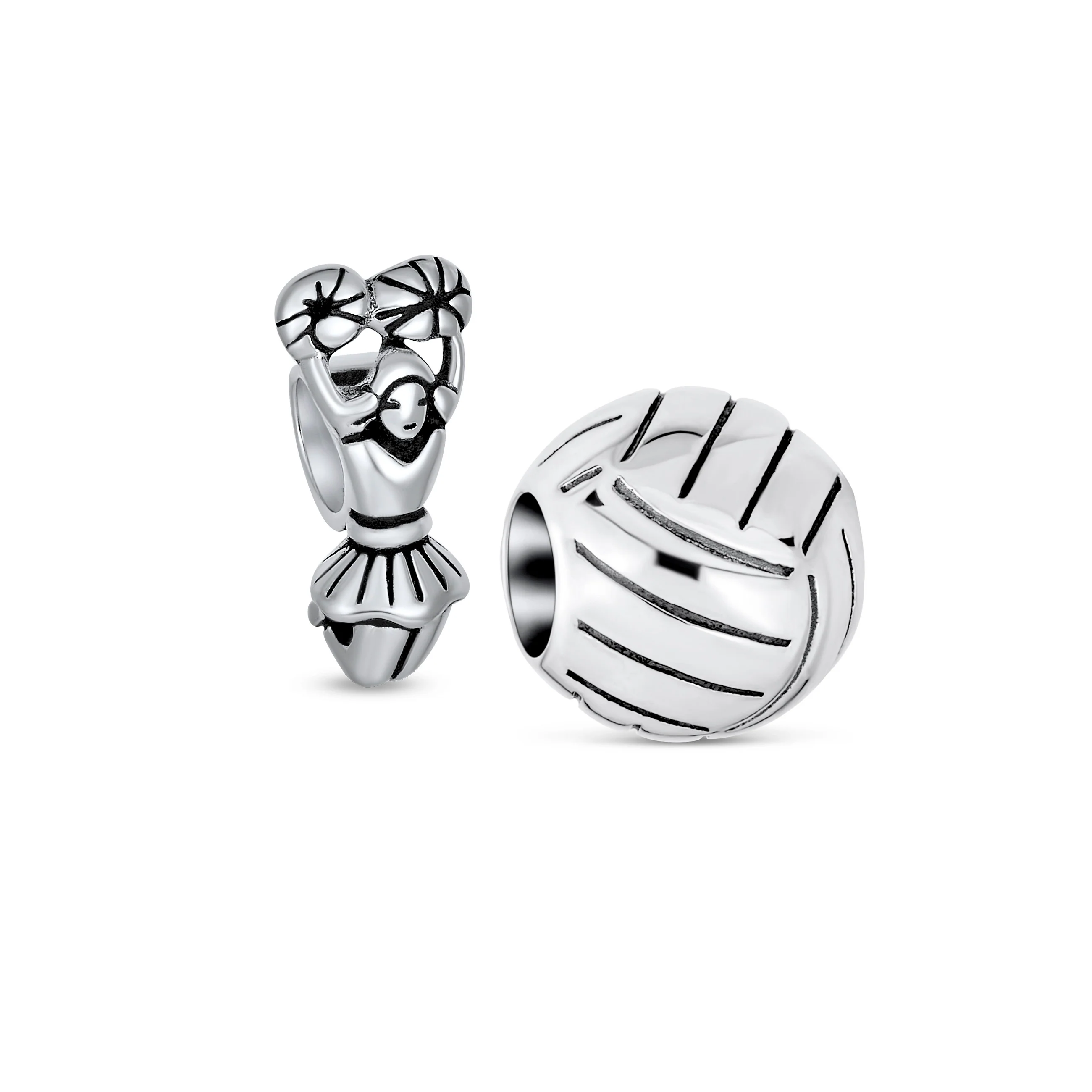 Set of 2 Volleyball and School Spirit Cheerleader Charm Bead Sterling Silver