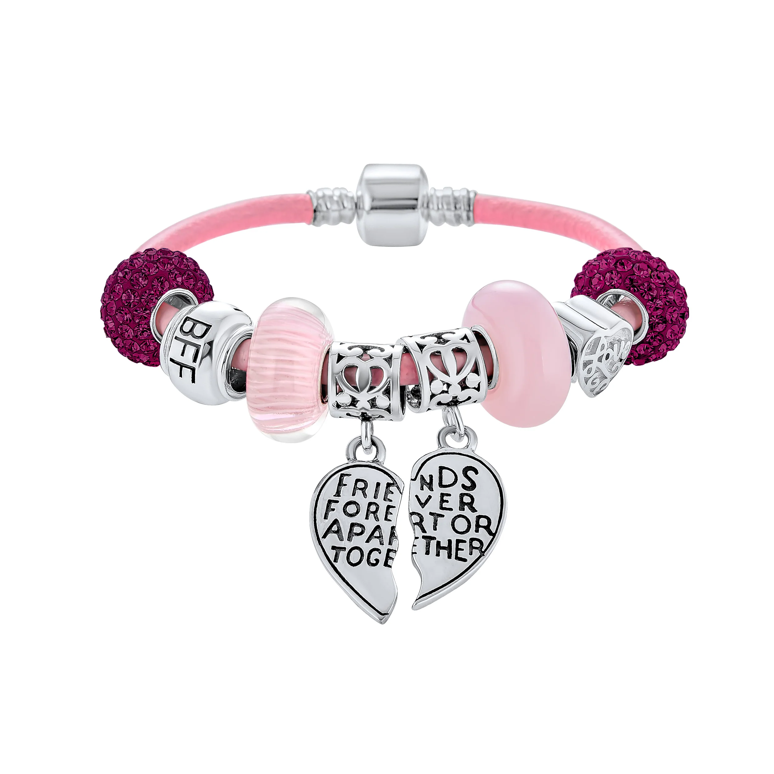 Best Friend Sorority Sister BFF Split Heart Multi Charm Bracelet Pink Leather Silver Clasp
