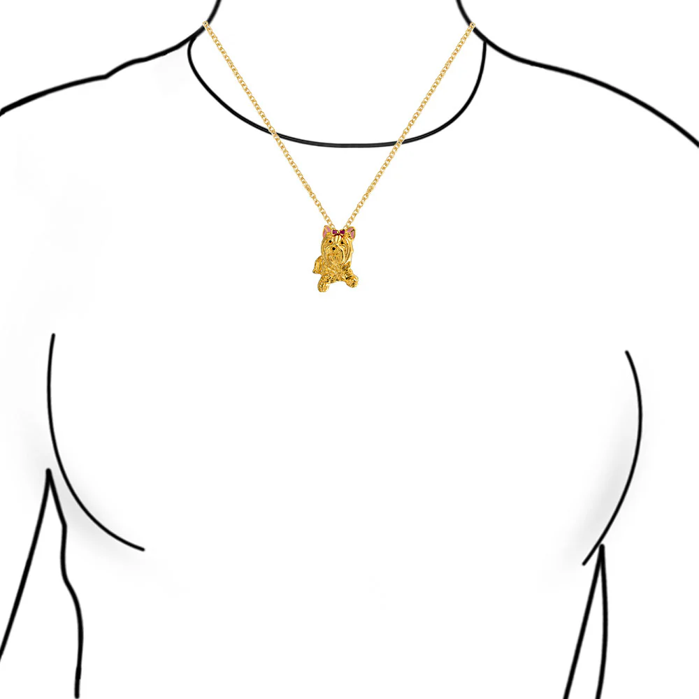Dog Pendant Necklace Pink Bow Yorkshire Terrier Shih Tzu 14K Gold Plated - Image 4