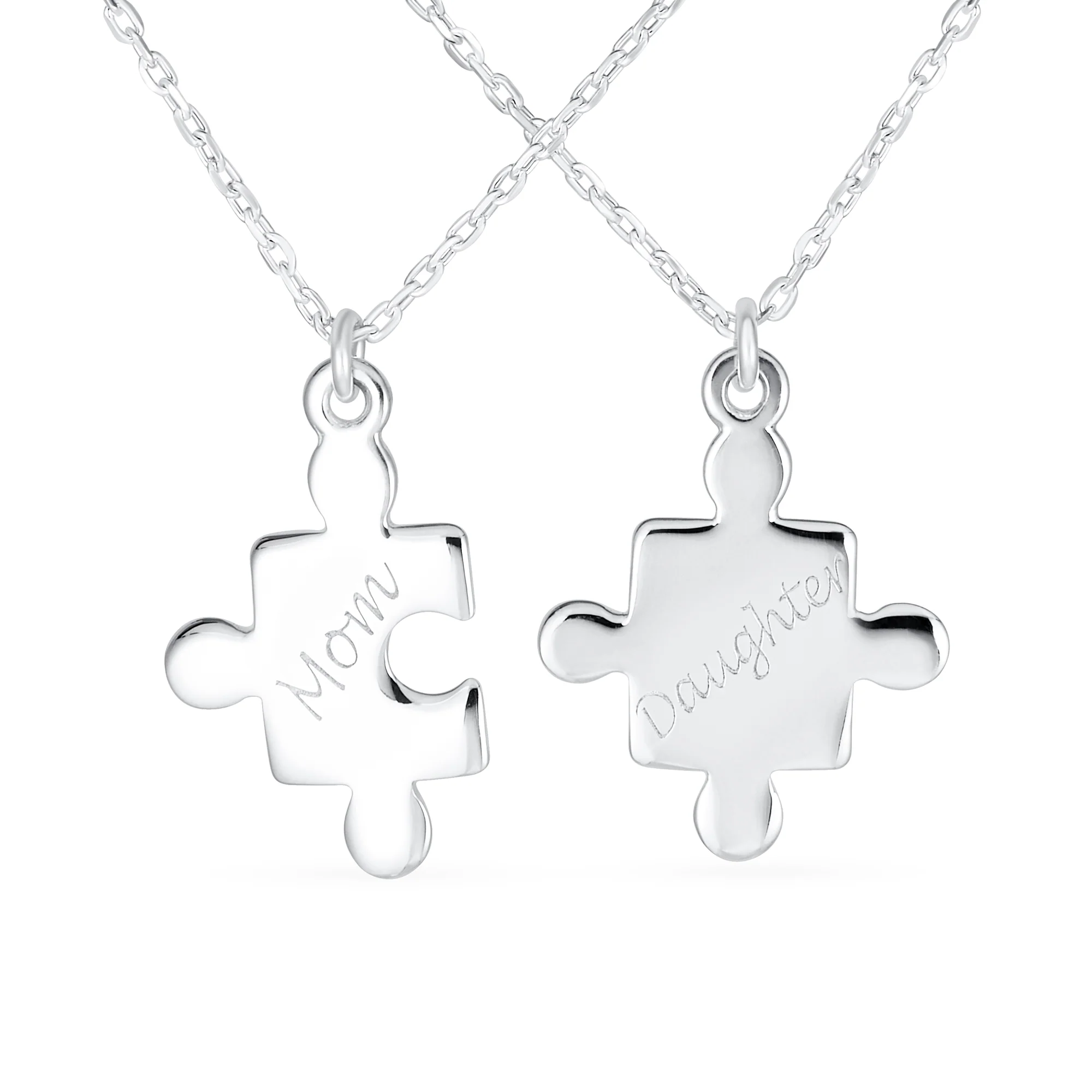 Best Friends 2 PC Set Puzzle Word Mother Daughter Pendant Necklace .925 Sterling Silver