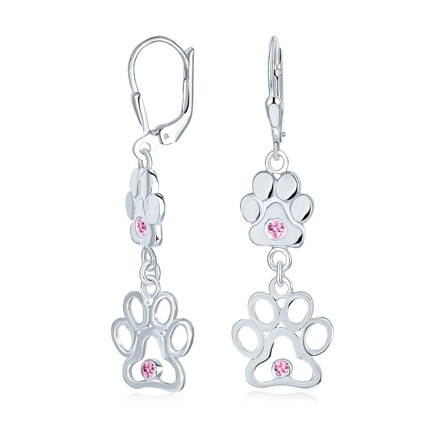 BFF Animal Lover Paw Print Dangle Chandelier Earrings Silver - Image 2