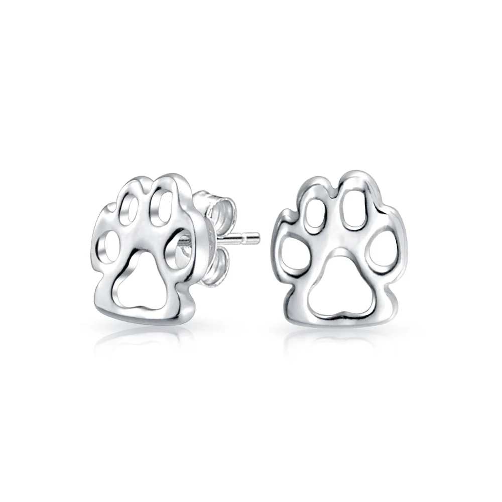 BFF Animal Lover Paw Print Stud Earrings Pet Dog Cat Silver