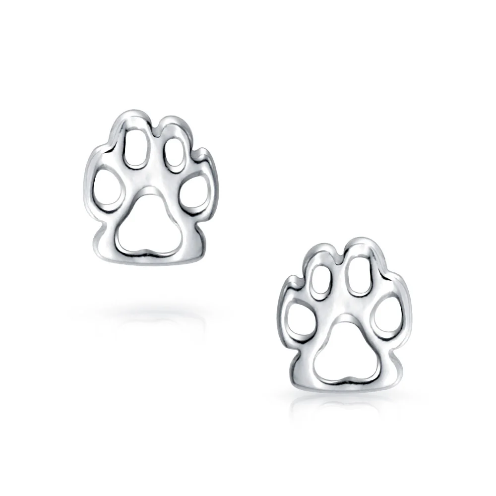 BFF Animal Lover Paw Print Stud Earrings Pet Dog Cat Silver - Image 2
