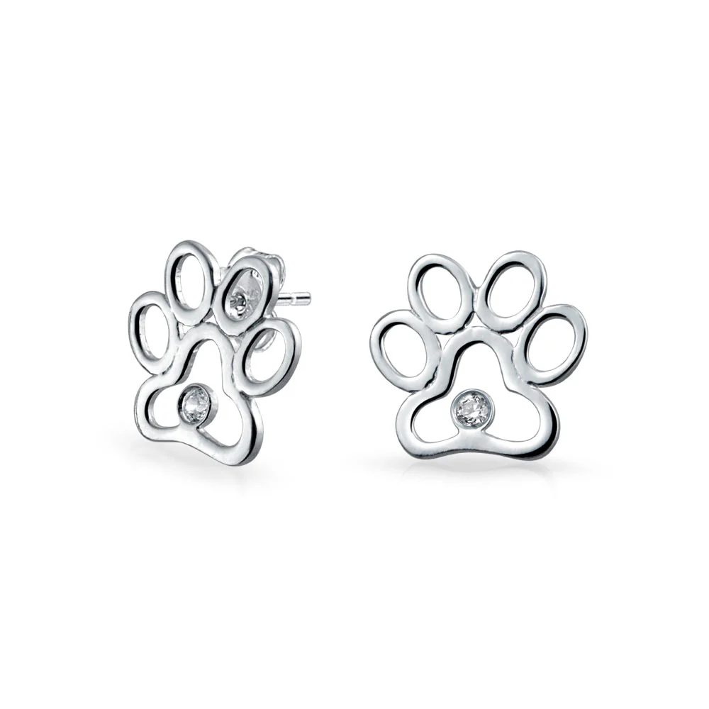 BFF CZ Stud Earrings Pet Lovers Cat Dog Paw Print Silver - Image 2